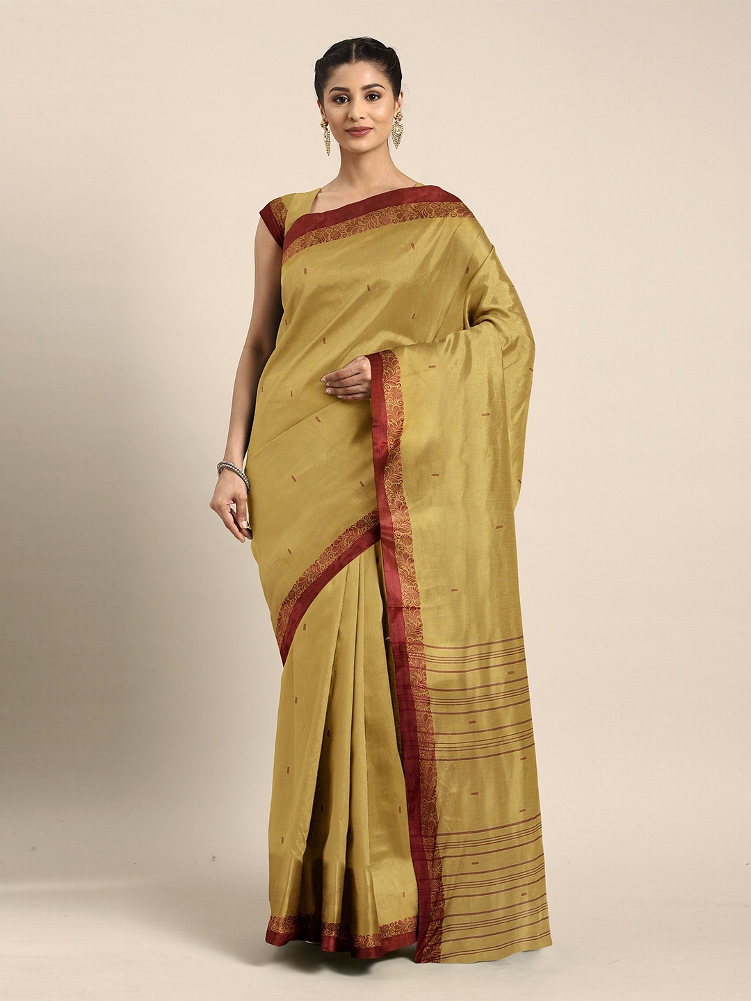 

The Chennai Silks Mustard & Maroon Ethnic Motifs Pure Cotton Fusion Taant Saree