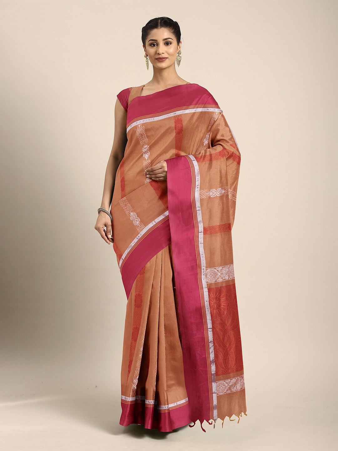 

The Chennai Silks Orange & Red Ethnic Motifs Zari Pure Cotton Kovai Saree
