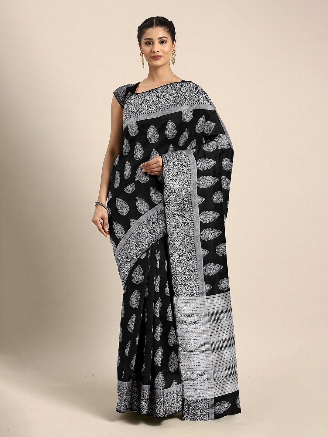 

The Chennai Silks Black & Silver-Toned Ethnic Motifs Zari Jute Cotton Saree