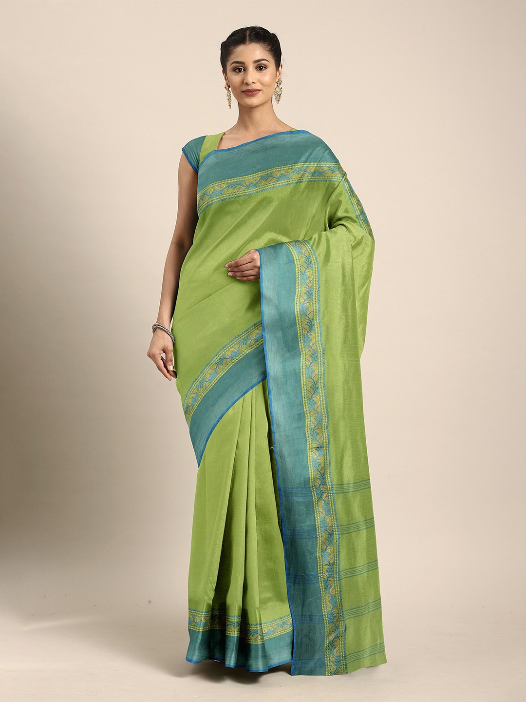 

The Chennai Silks Green & Blue Ethnic Motifs Pure Cotton Taant Saree