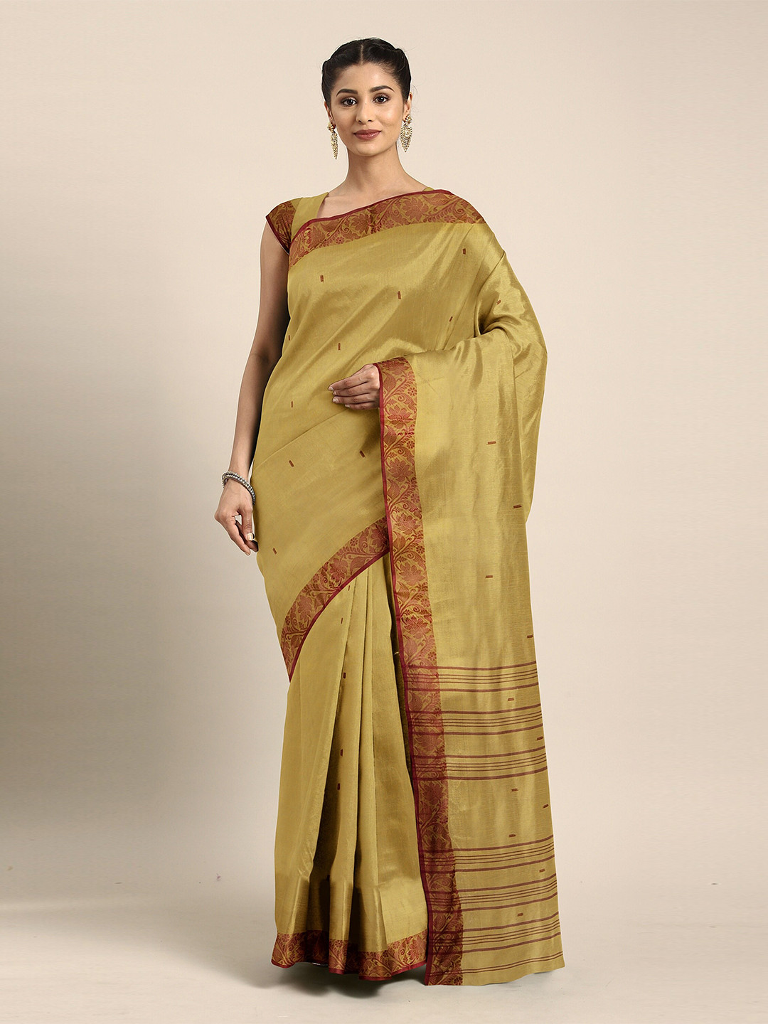 

The Chennai Silks Mustard Ethnic Motifs Pure Cotton Taant Saree