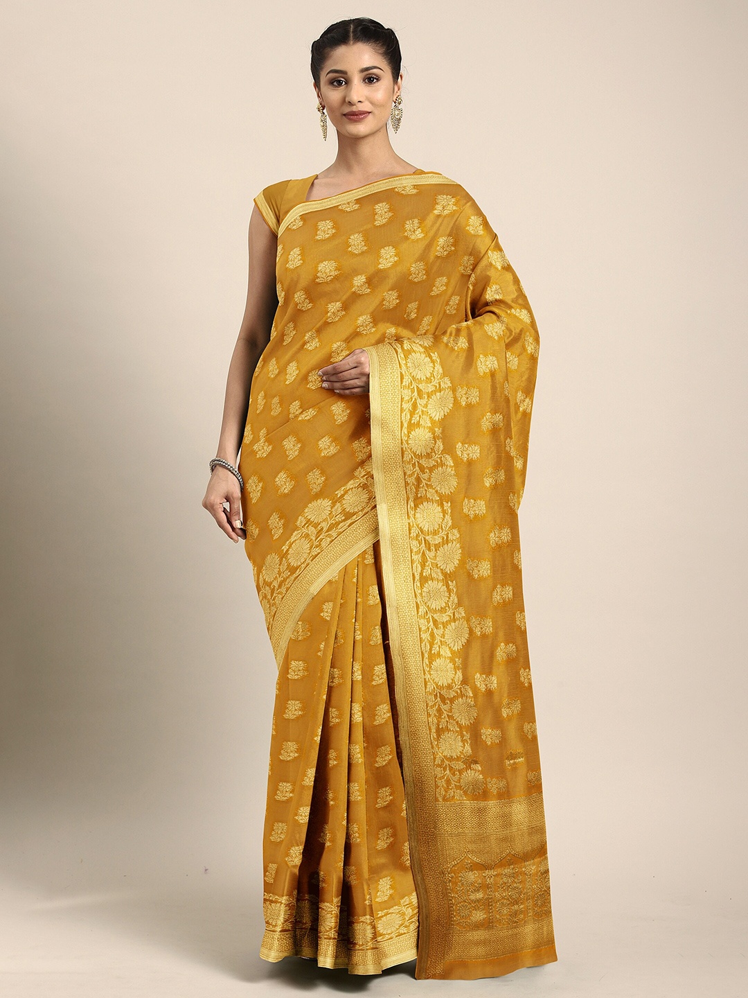 

The Chennai Silks Yellow & Golden Ethnic Motifs Zari Saree