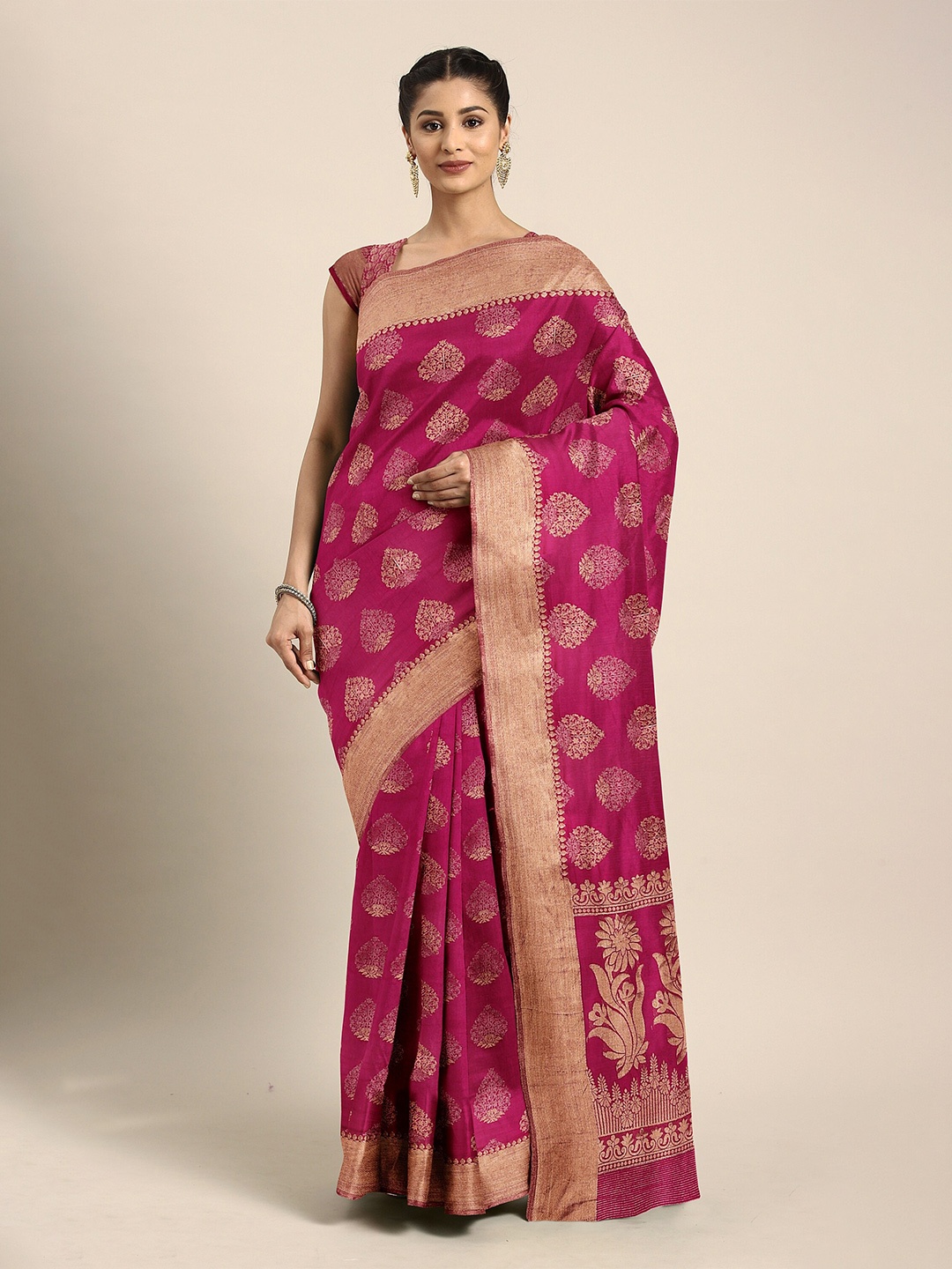 

The Chennai Silks Magenta & Gold-Toned Ethnic Motifs Zari Jute Cotton Saree