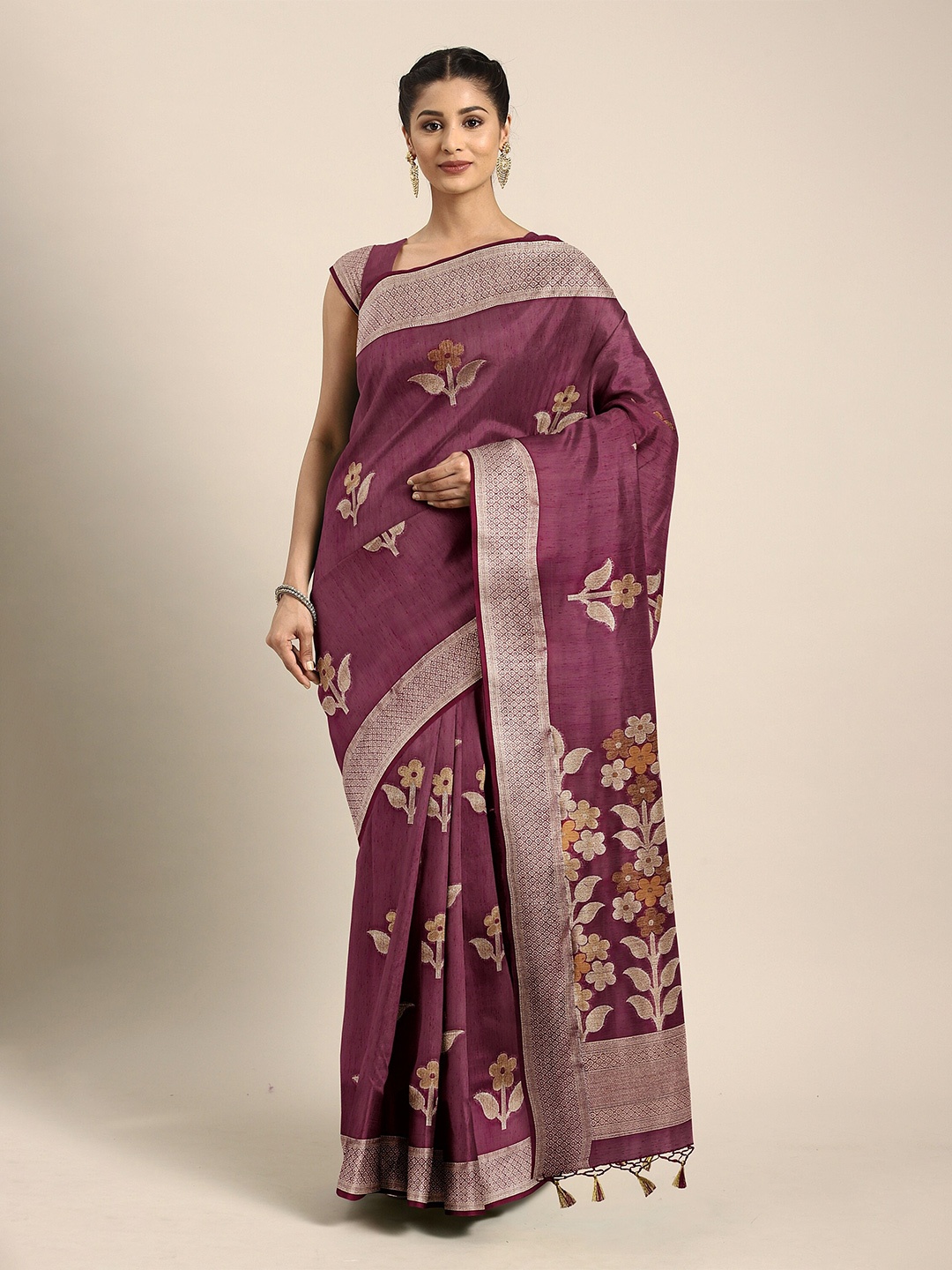 

The Chennai Silks Violet & Beige Floral Zari Pure Cotton Chanderi Saree