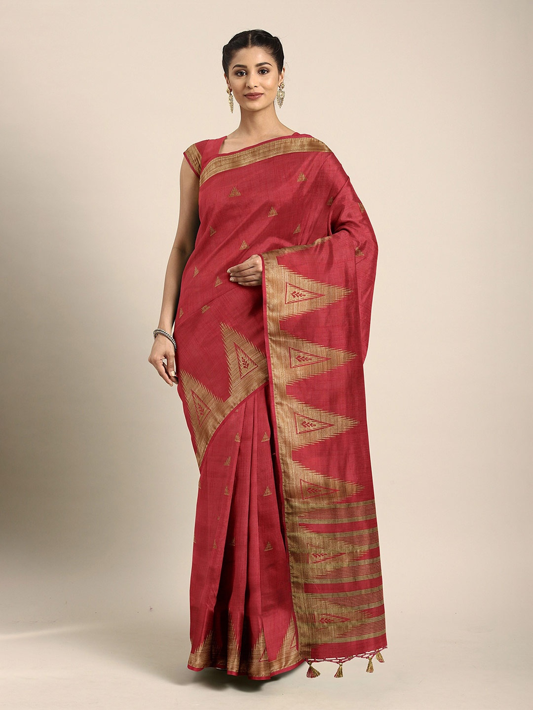 

The Chennai Silks Red & Gold-Toned Woven Design Zari Pure Cotton Chanderi Saree