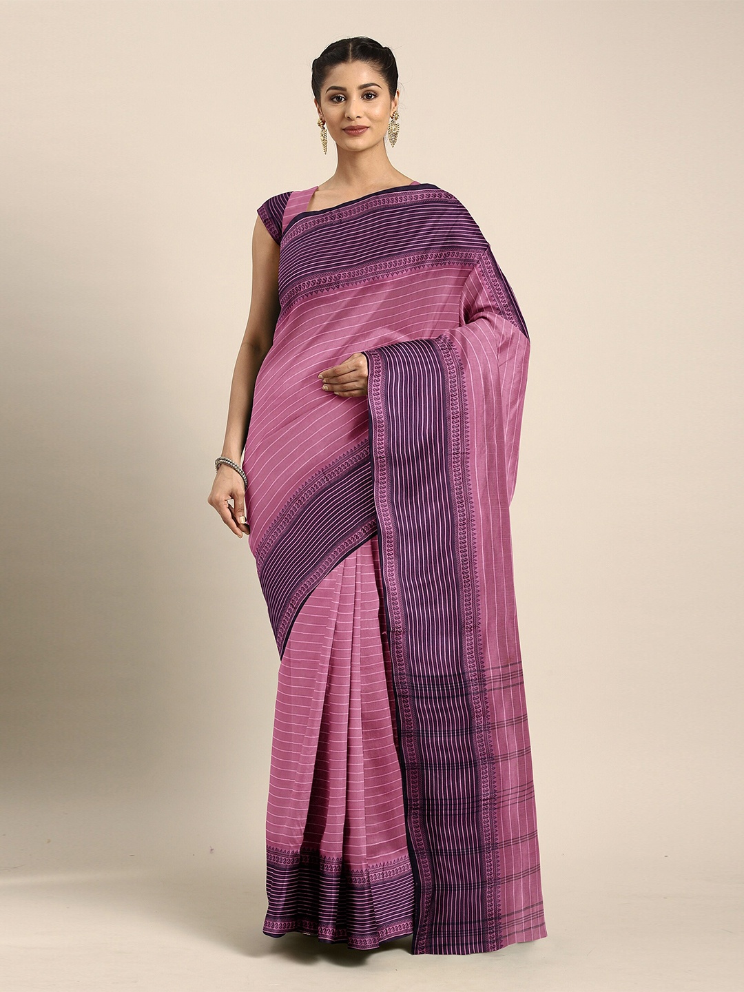 

The Chennai Silks Pink & Black Striped Pure Cotton Fusion Taant Saree