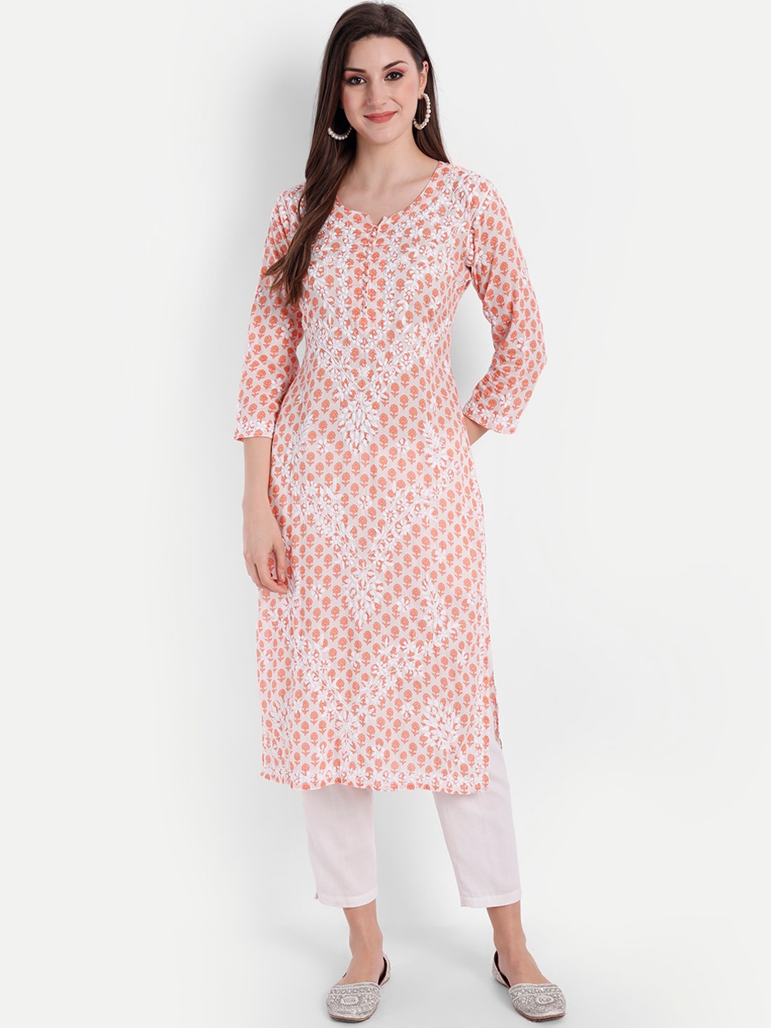 

Indiankala4u Women Orange Floral Embroidered Chikankari Kurta