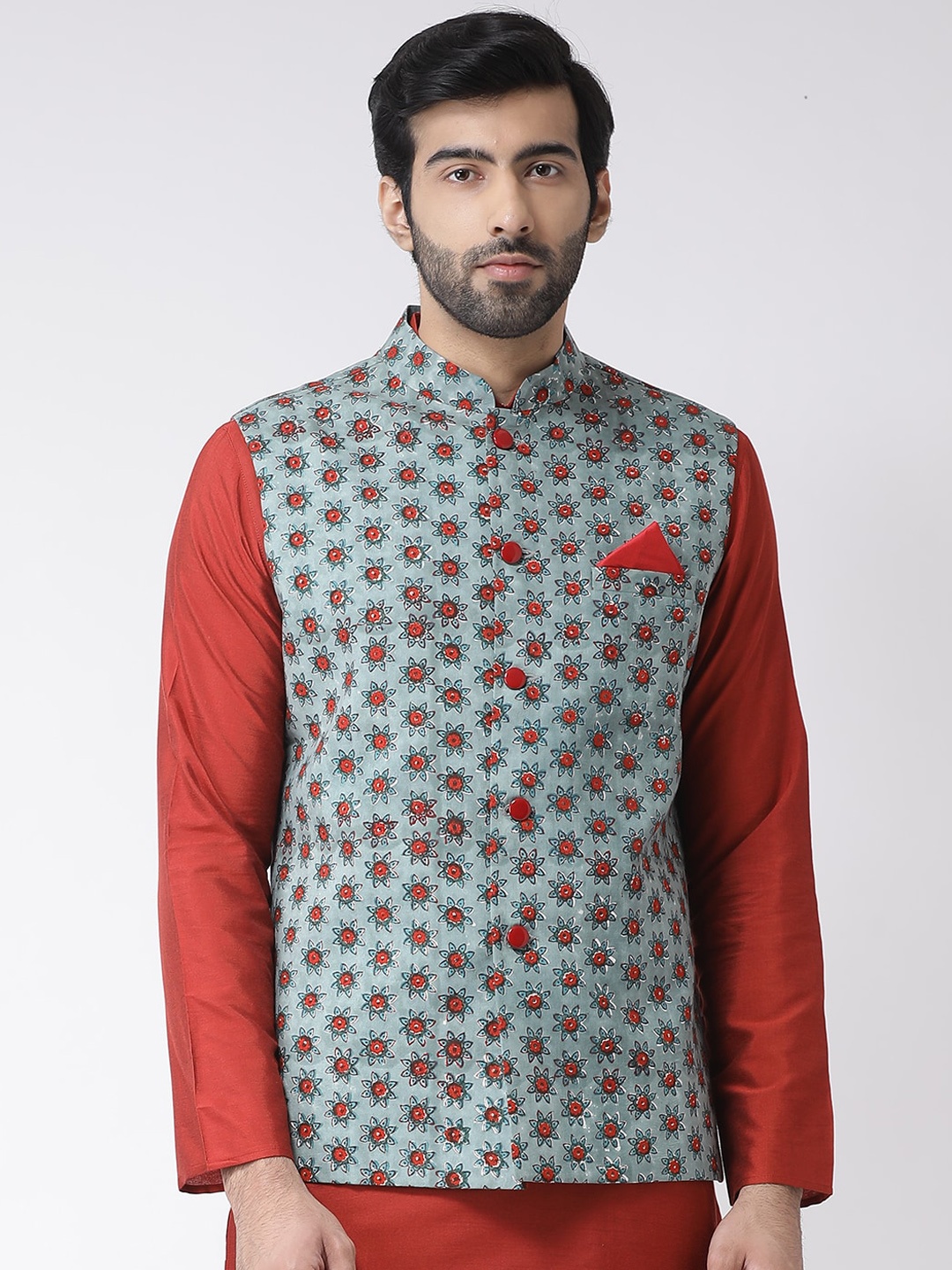 

KISAH Men Blue & Red Printed Cotton Nehru Jacket