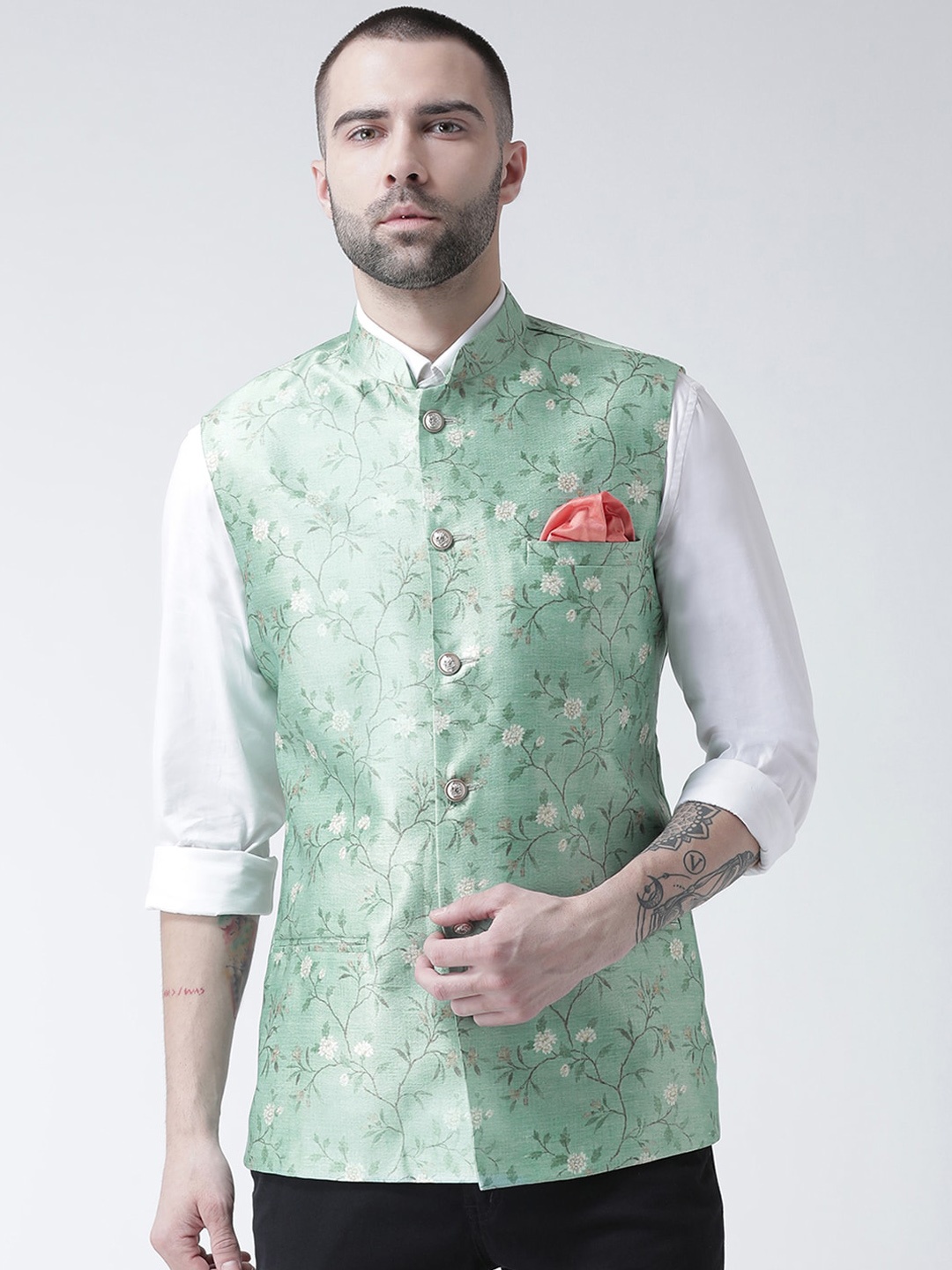 

KISAH Men Green & White Printed Woven Nehru Jacket