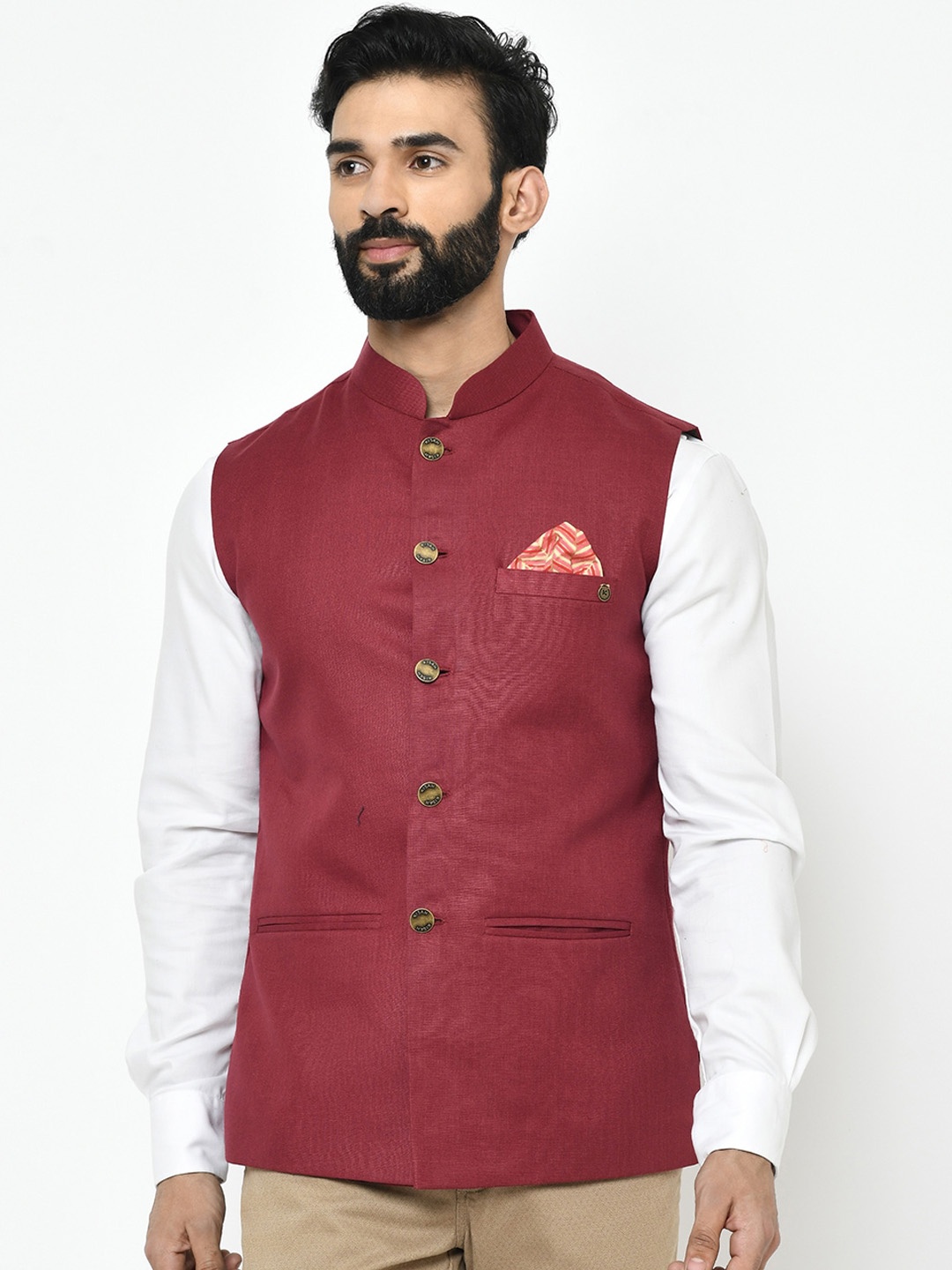 

KISAH Men Maroon Solid Woven Nehru Jacket