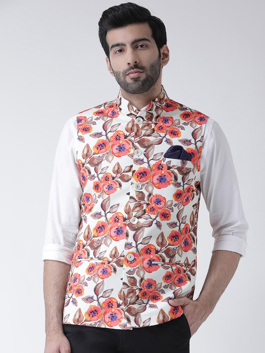 

KISAH Men White Floral Printed Nehru Jacket