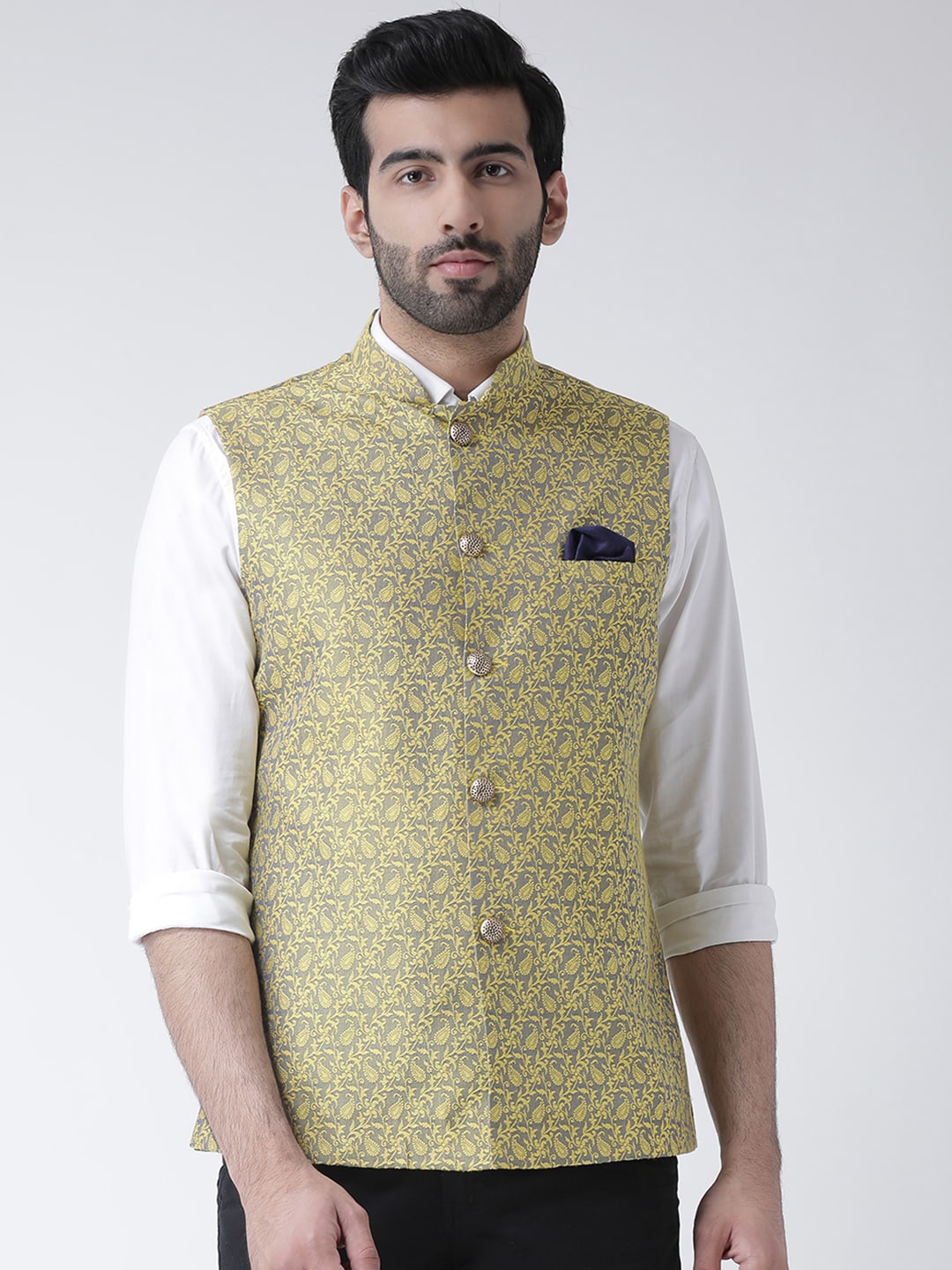 

KISAH Men Yellow Printed Woven Nehru Jacket