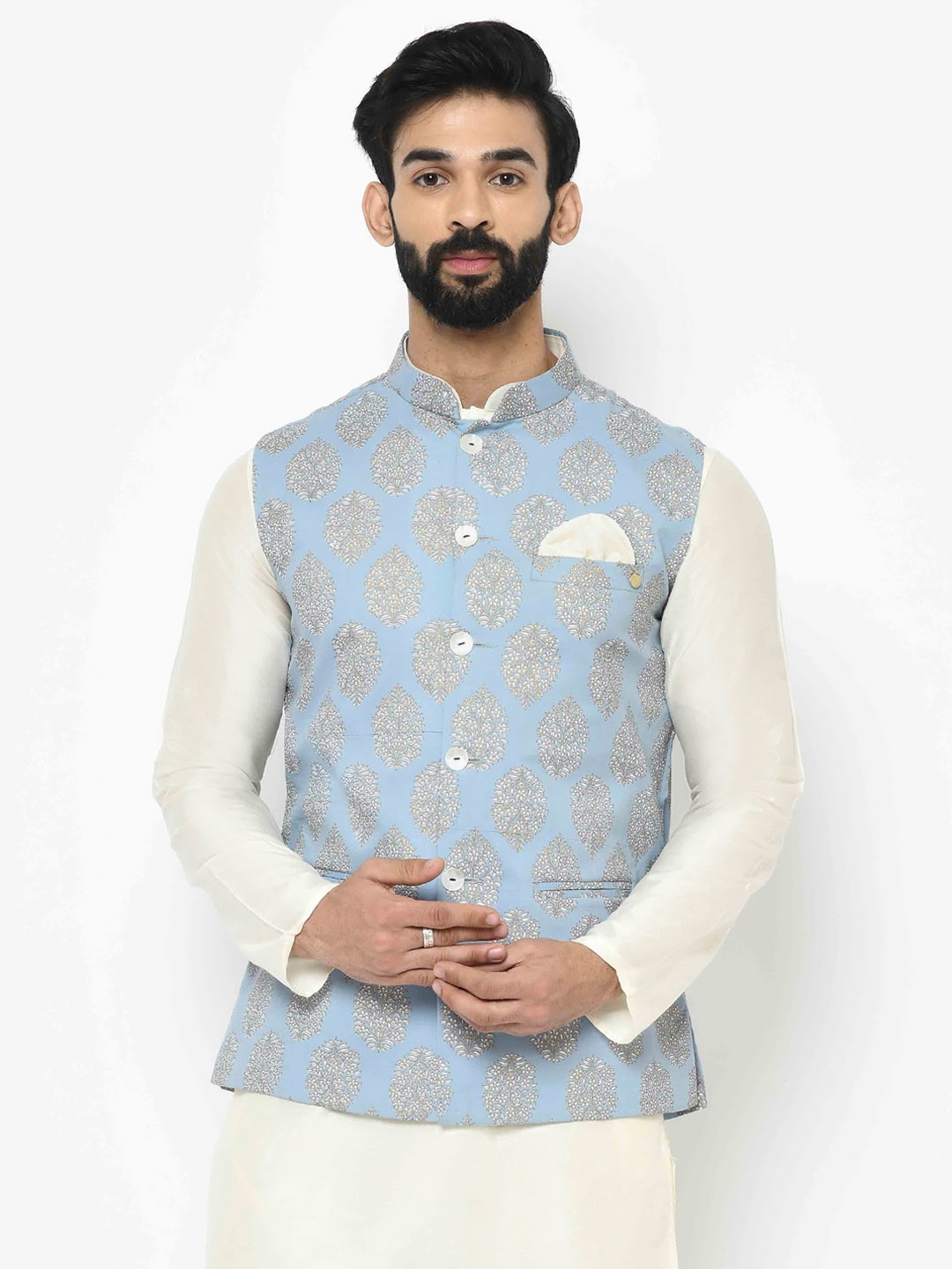 

KISAH Men Blue & White Printed Nehru Jacket