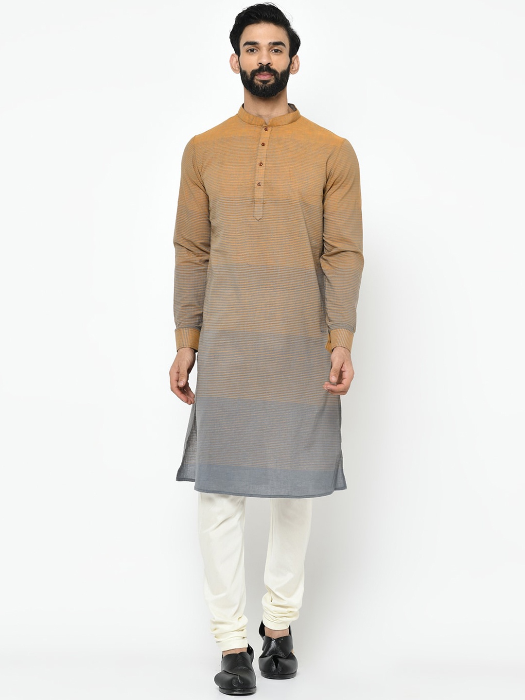 

KISAH Men Beige & Grey Woven Striped Kurta