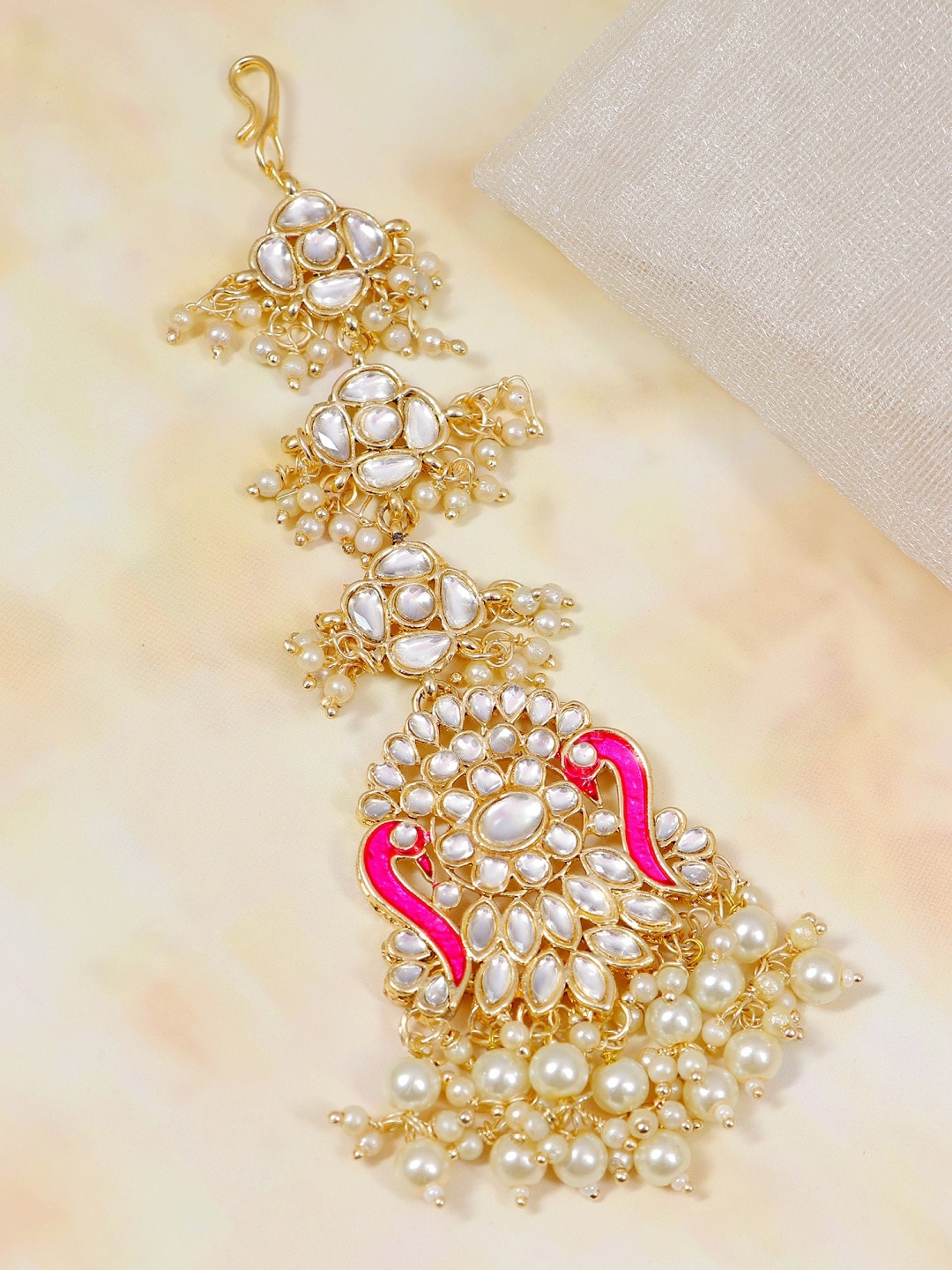 

Crunchy Fashion Gold-Plated White & Pink Kundan-Studded Maangtikka
