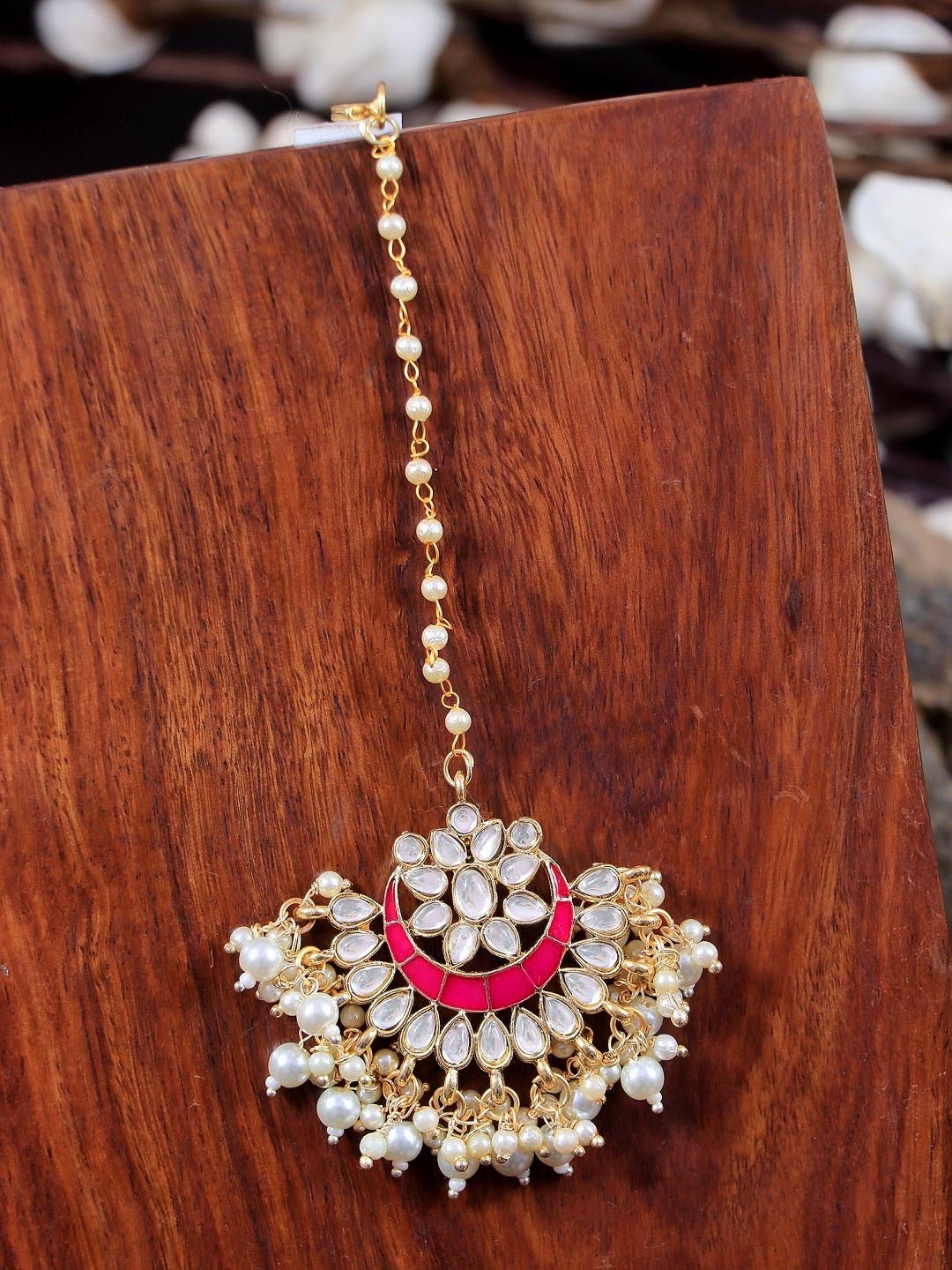

Crunchy Fashion Gold-Plated Pink & White Kundan Pearl Chandbali Design Maang Tikka