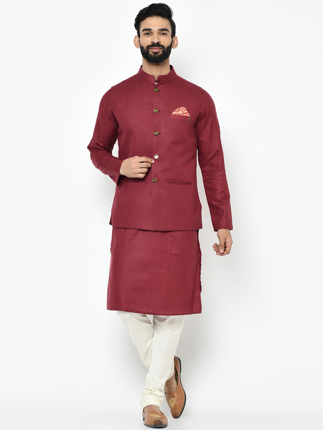 

KISAH Men Maroon Kurta & Churidar With Nehru Jacket