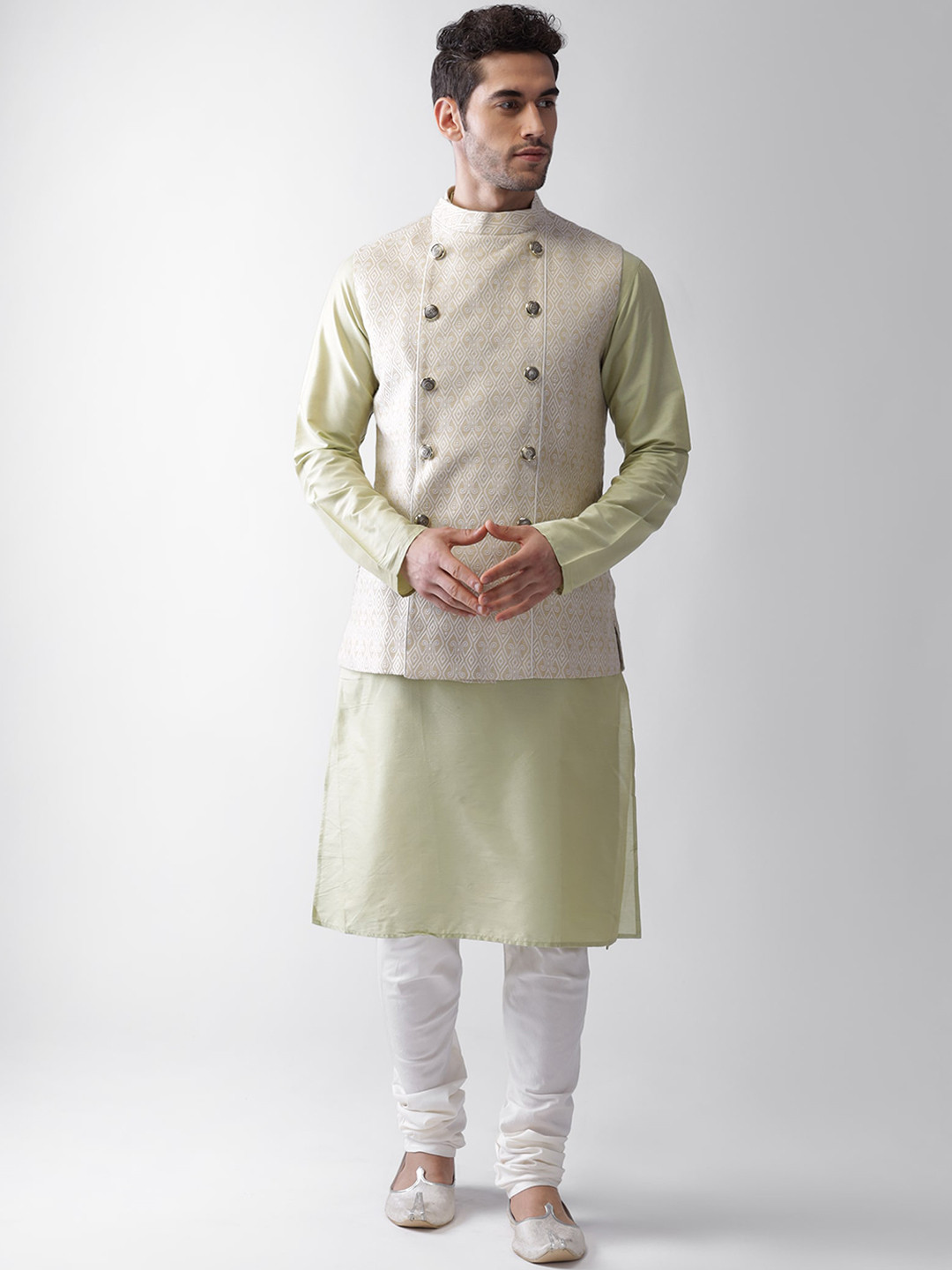 

KISAH Men White Kurta with Churidar & With Nehru Jacket