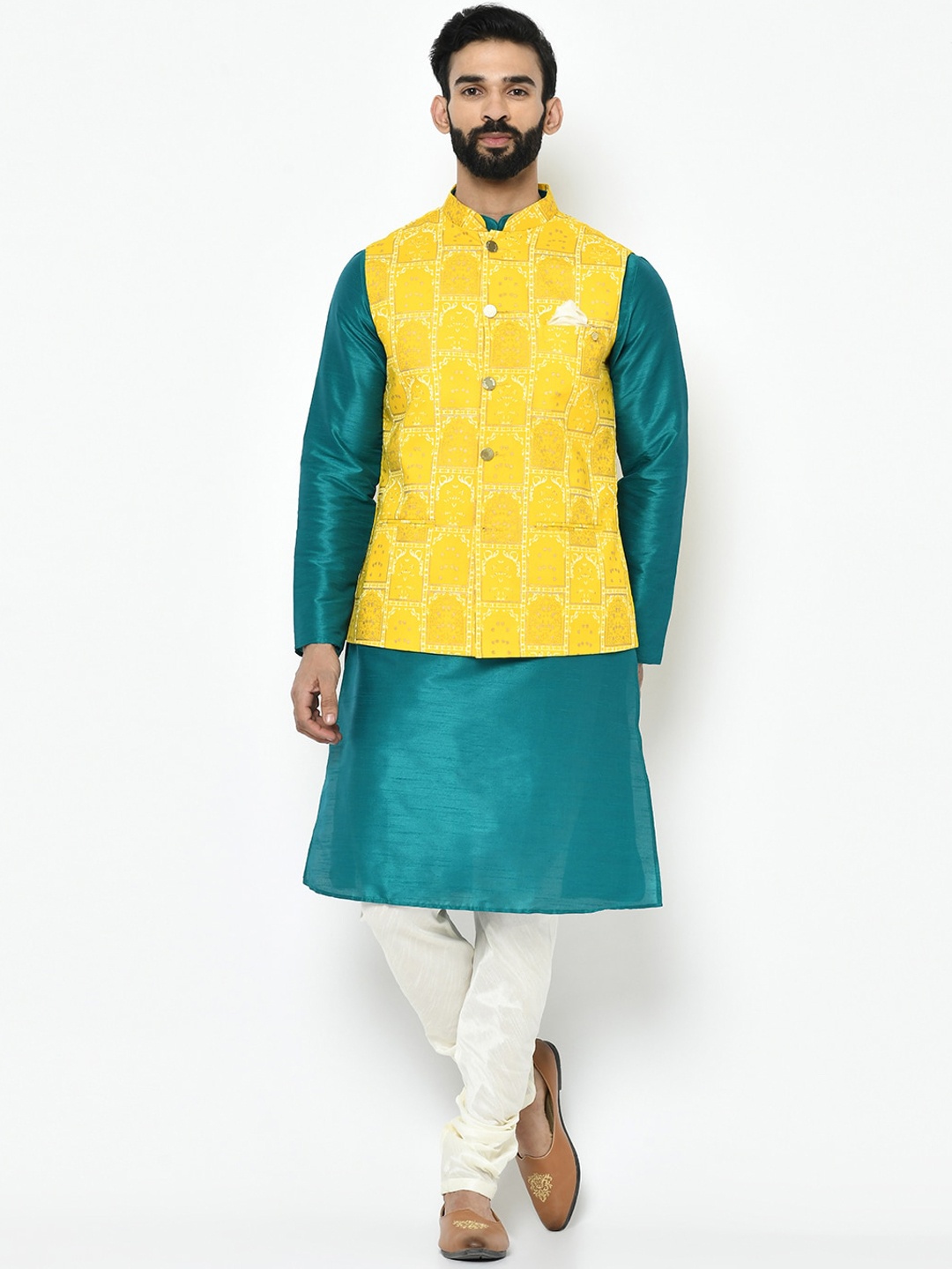 

KISAH Men Teal Green & Off-White Kurta with Churidar & Nehru Jacket