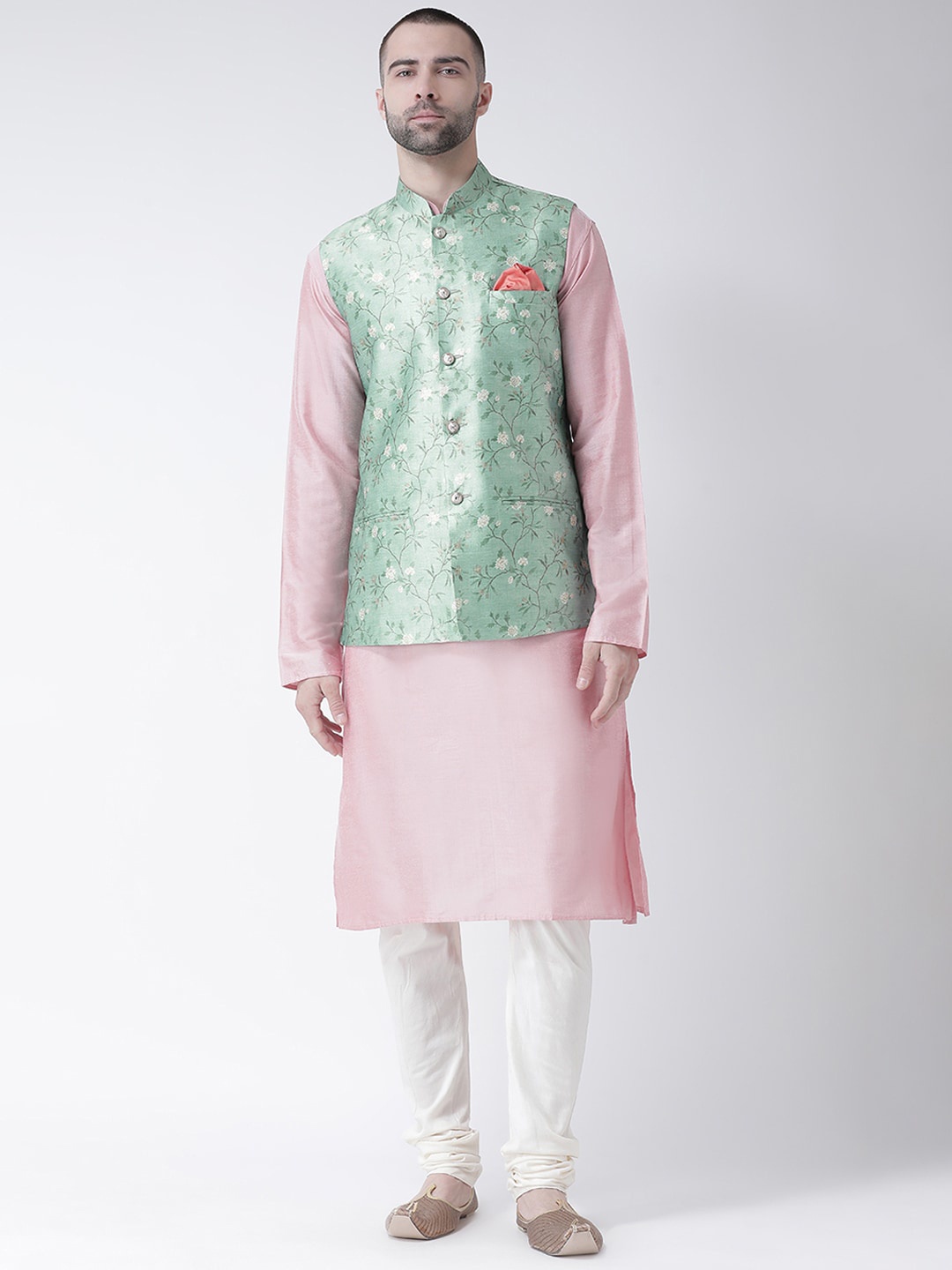 

KISAH Men Green & Pink Kurta With Churidar & With Floral Printed Jacket