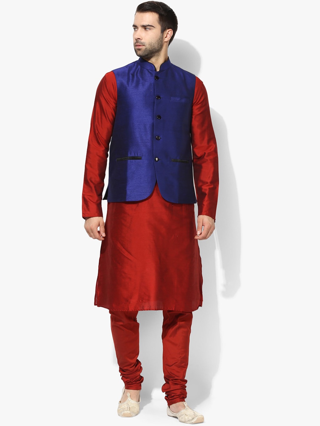 

KISAH Men Navy Blue & Maroon Solid Kurta With Churidar & Jacket