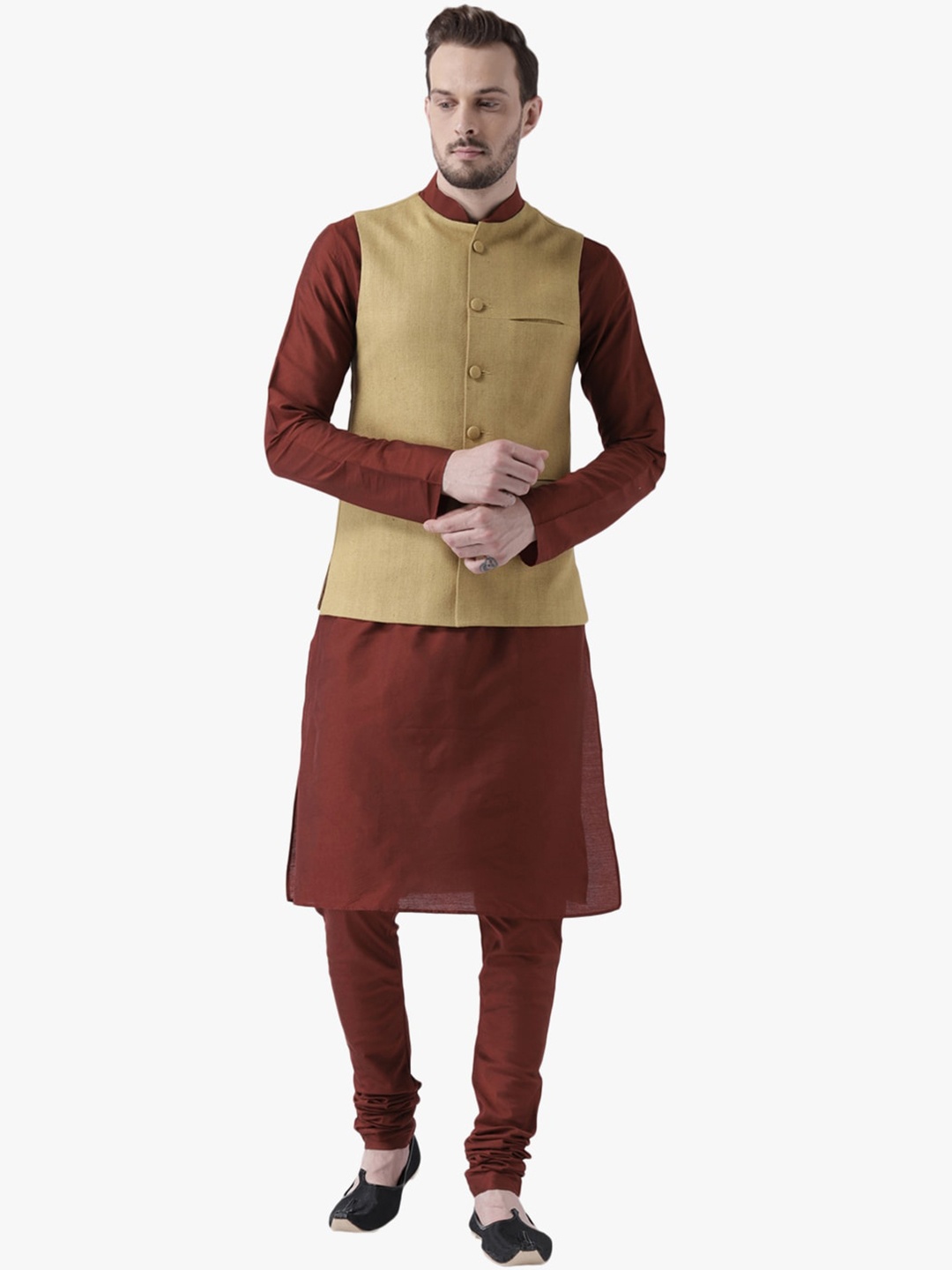 

KISAH Men Maroon & Beige Kurta with Churidar & Nehru Jacket