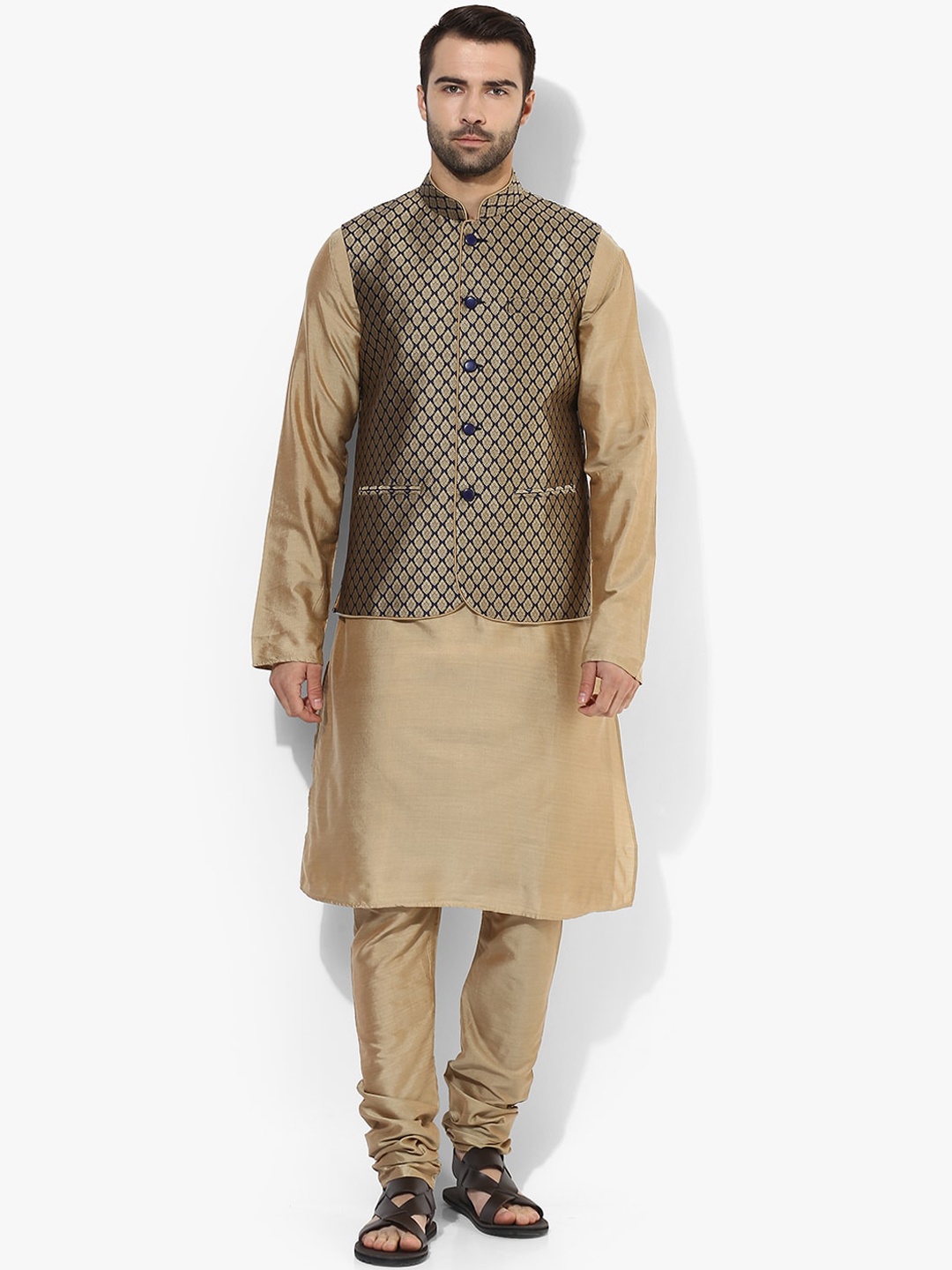 

KISAH Men Navy Blue Kurta with Churidar & With Nehru Jacket