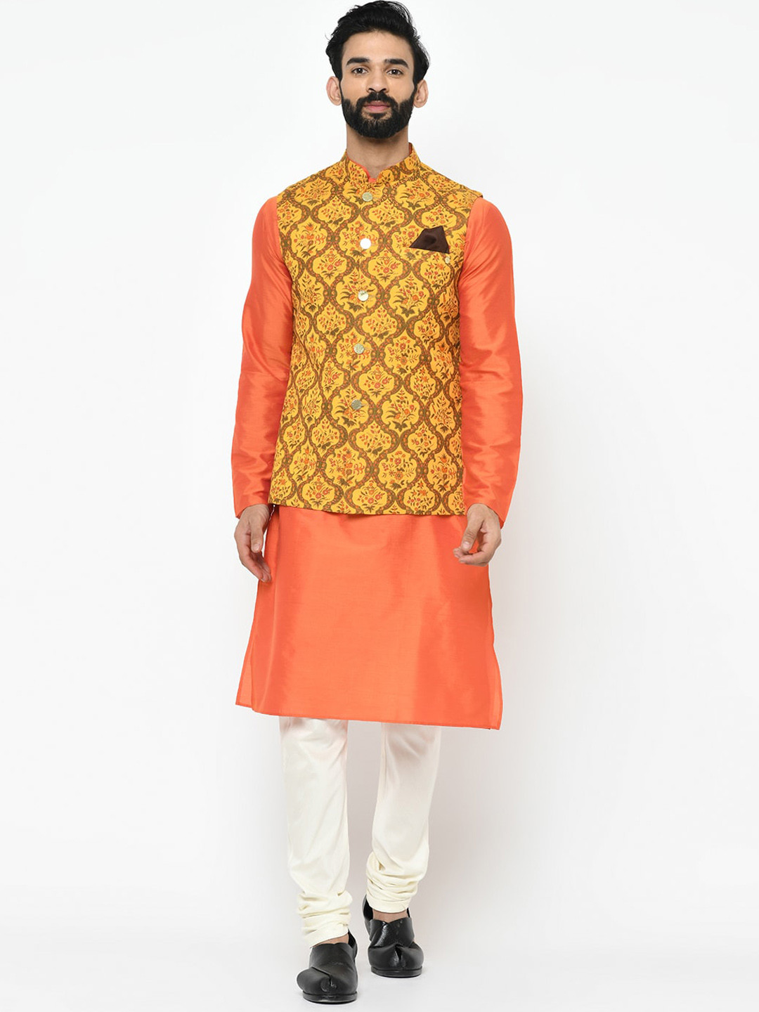 

KISAH Men Yellow Kurta with Churidar & Nehru Jacket