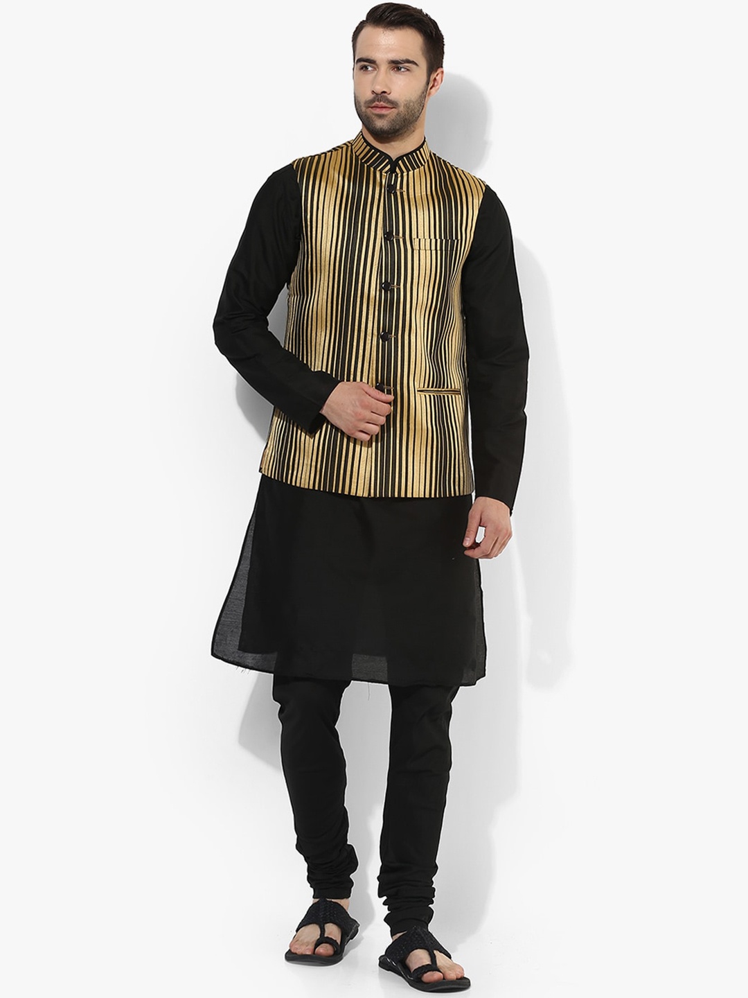 

KISAH Men Black & Gold Striped Kurta with Churidar & With Jacket