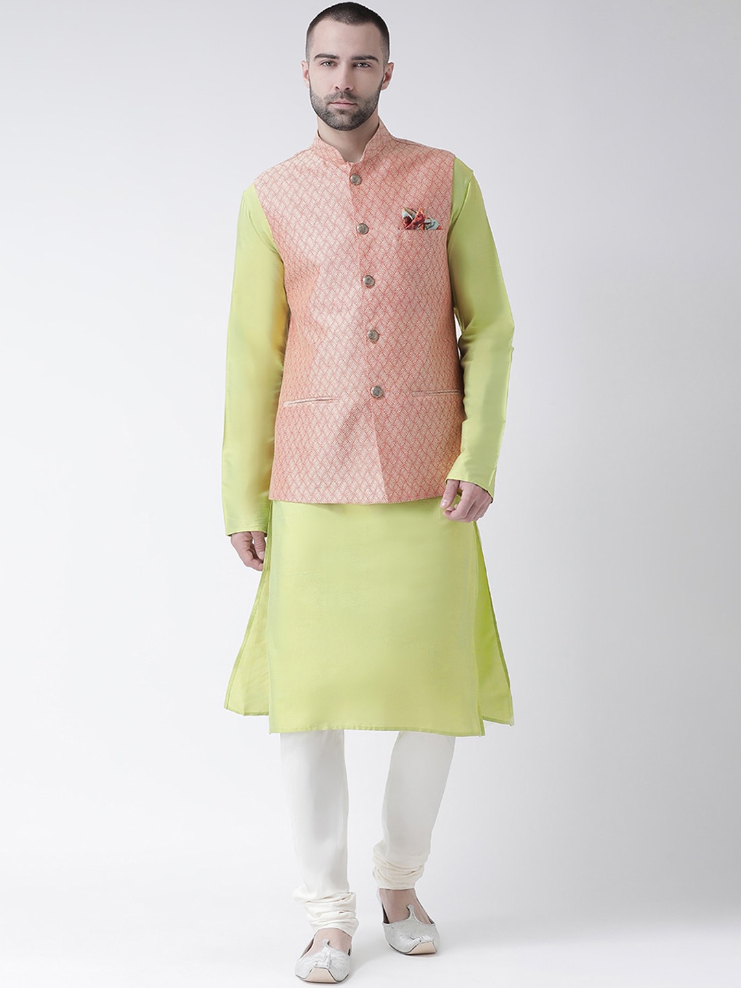 

KISAH Men Peach-Coloured & Lime-Green Ethnic Motifs Kurta & Churidar With Nehru Coat