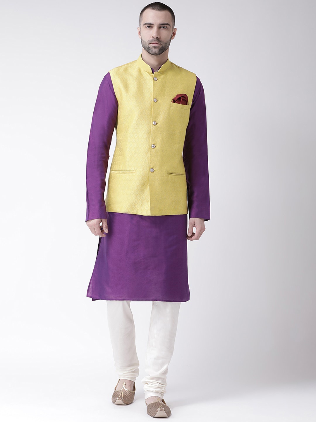 

KISAH Men Yellow Solid Mandarin Collar Straight Kurta with Churidar & Jacker