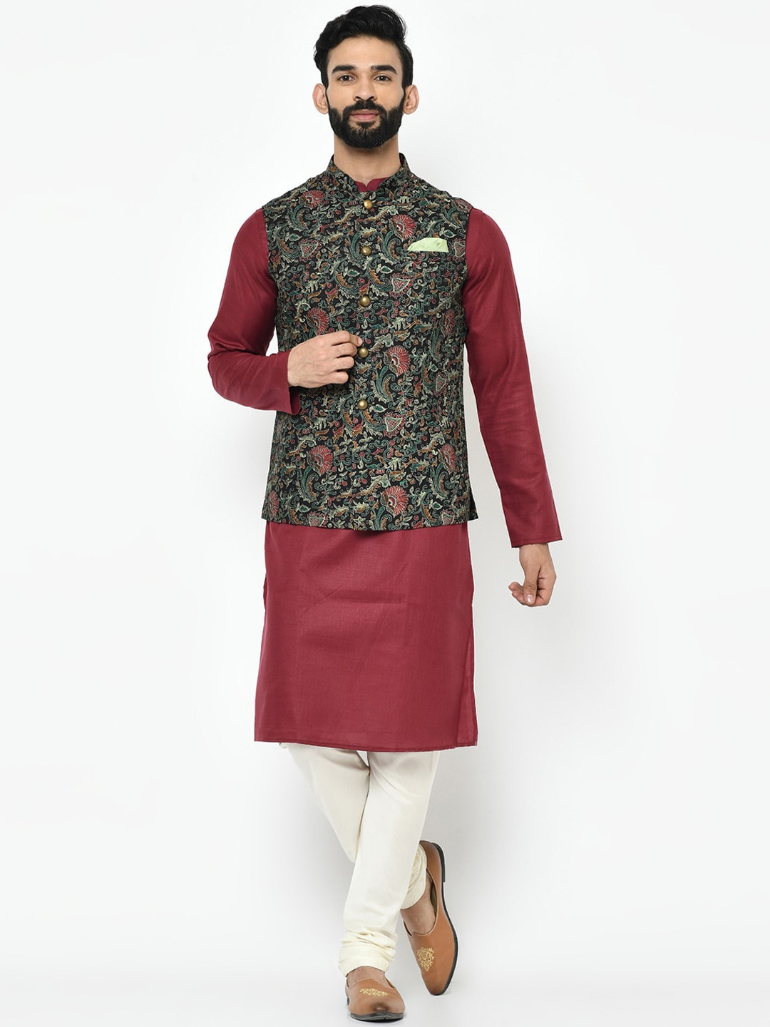 

KISAH Men Multicoloured Printed Kurta with Pyjamas & Nehru Jacket, Multi