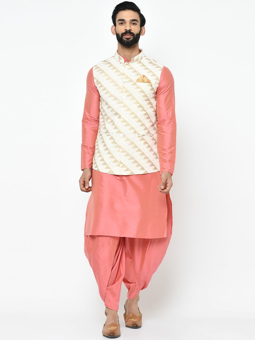 

KISAH Men White & Peach Solid Kurta With Dhoti Pants & Jacket
