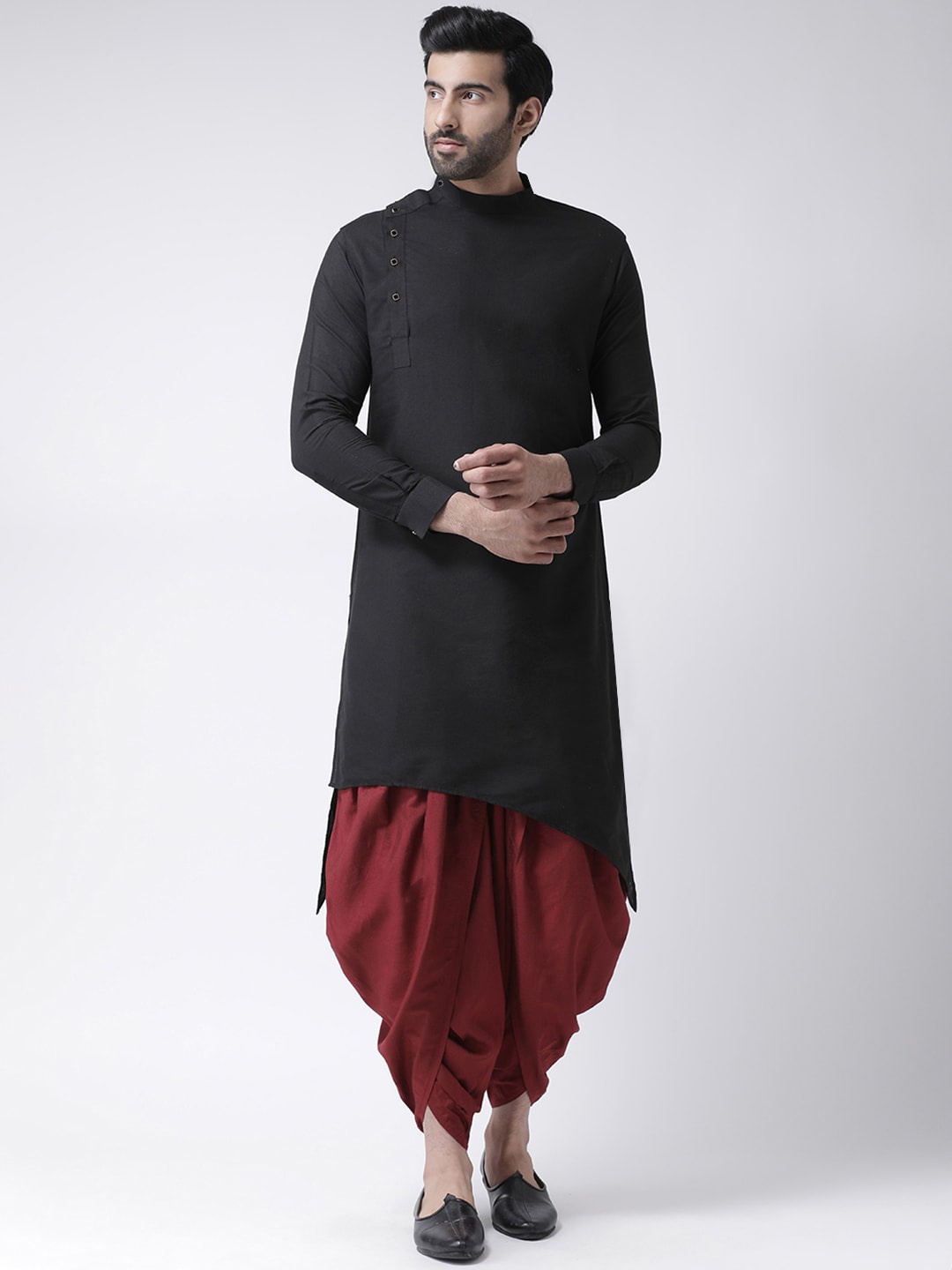 

KISAH Men Regular Fit Solid Asymmetric Kurta Dhoti Set, Black