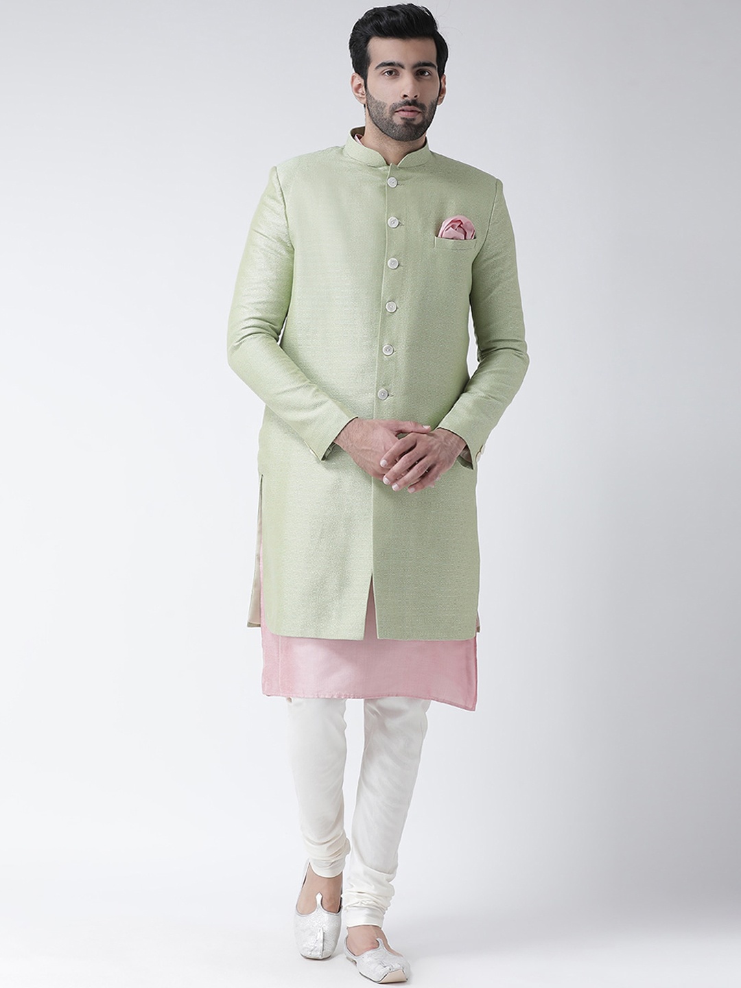 

KISAH Men Woven Design Indowestern Sherwani Set, Green