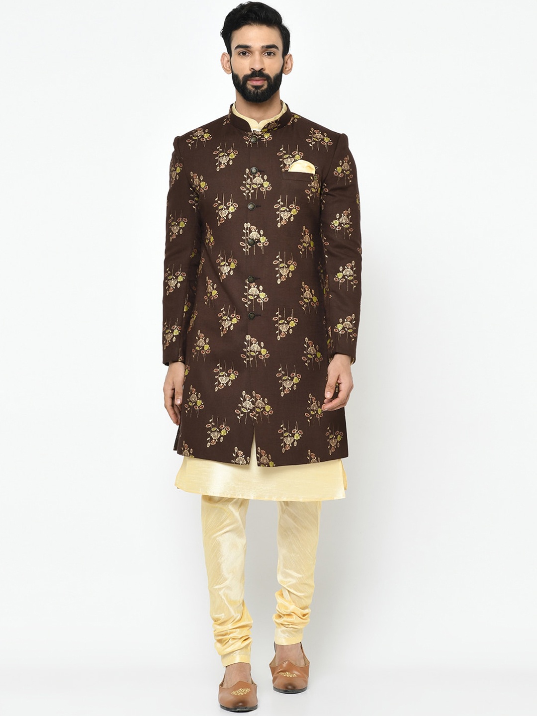 

KISAH Men Brown & Beige Printed Cotton Indowestern Sherwani Set