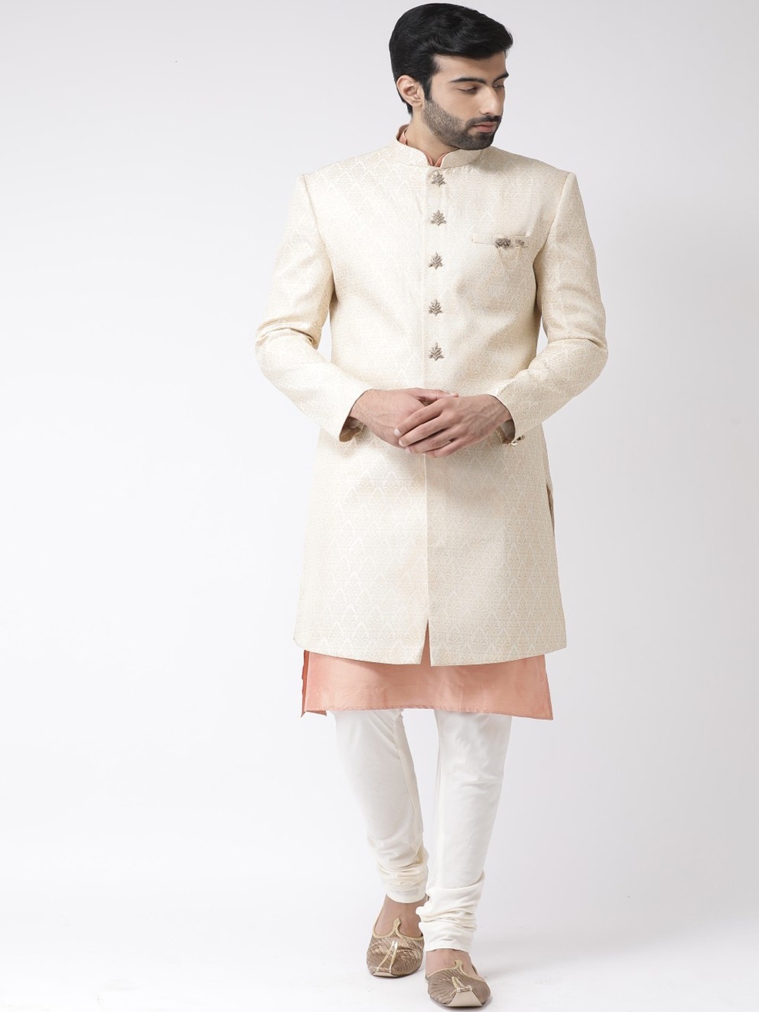 

KISAH Men Cream-Coloured Solid Indowestern Sherwani Set