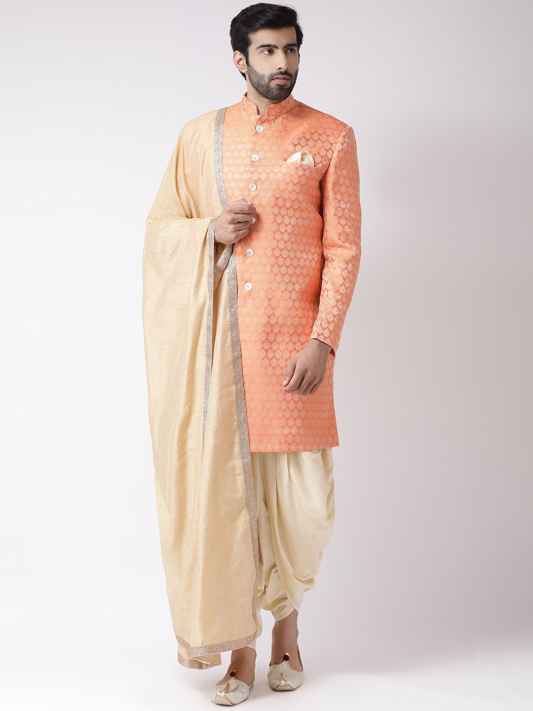 

KISAH Men Orange & Beige Woven Design Sherwani Set