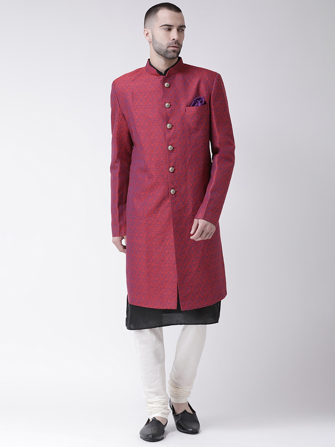 

KISAH Men Maroon & White Paisley Woven Design Cotton Indowestern Sherwani Set