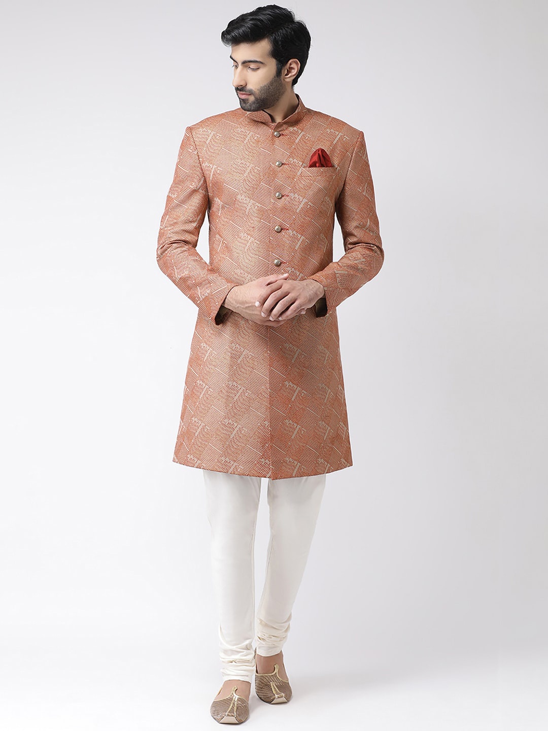 

KISAH Men Peach-Coloured & White Printed Cotton Sherwani Set