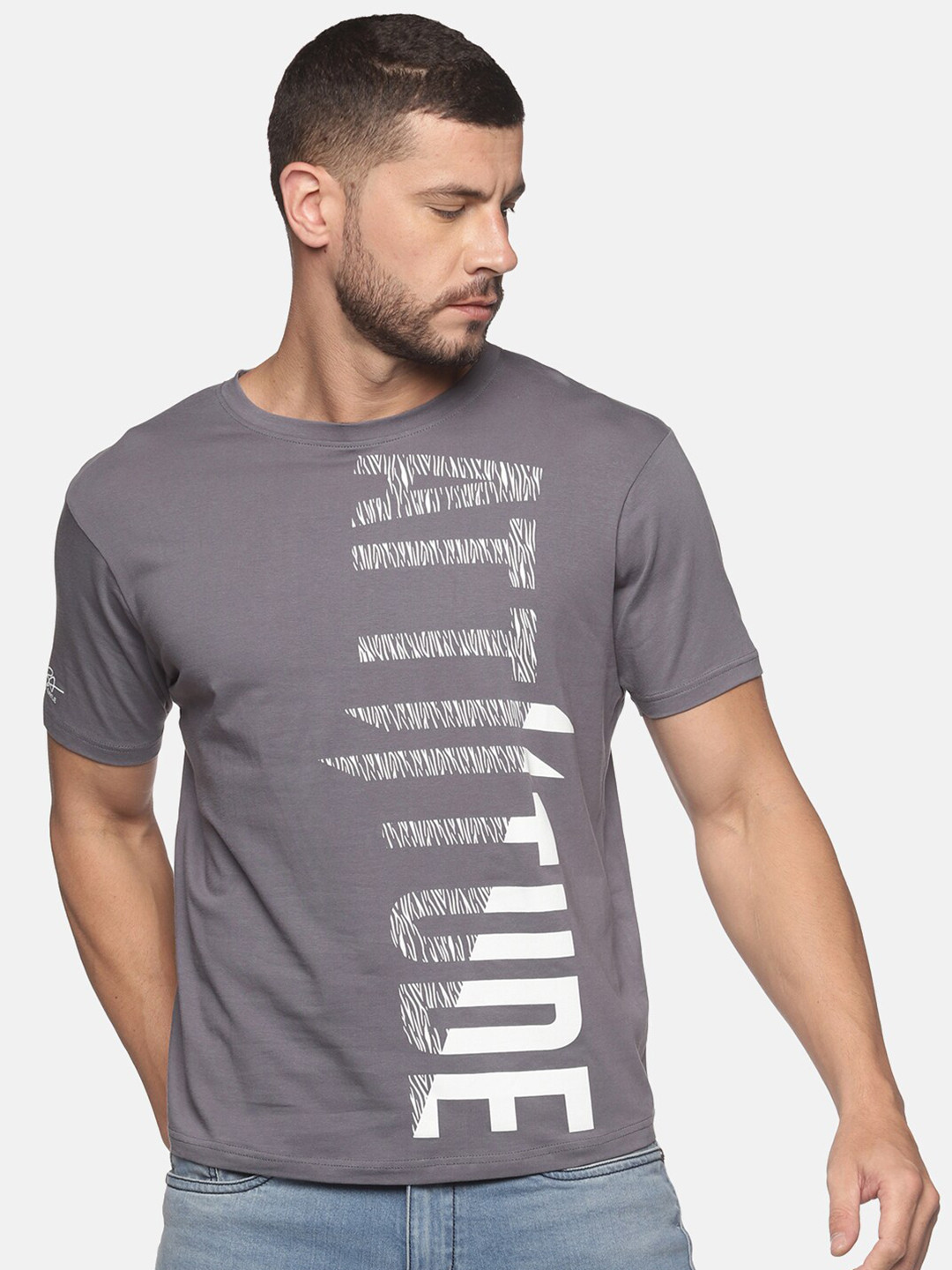 

ATTIITUDE Men Grey Typography Printed ClimaCool Cotton Slim Fit T-shirt