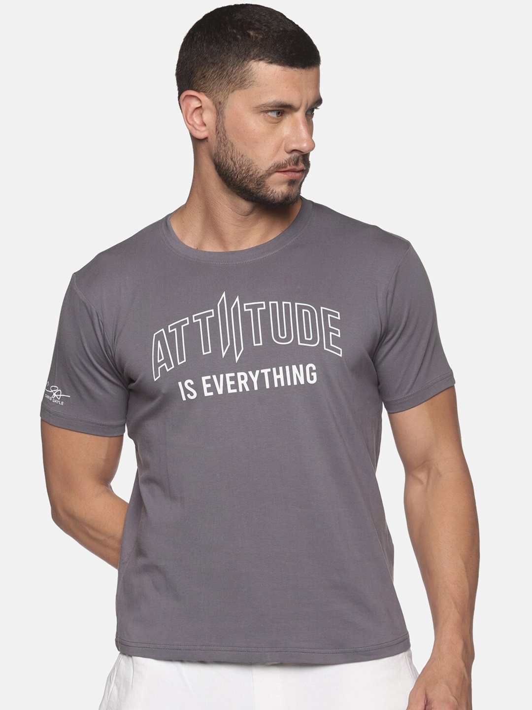 

ATTIITUDE Men Grey Brand Logo Printed ClimaCool Slim Fit T-shirt