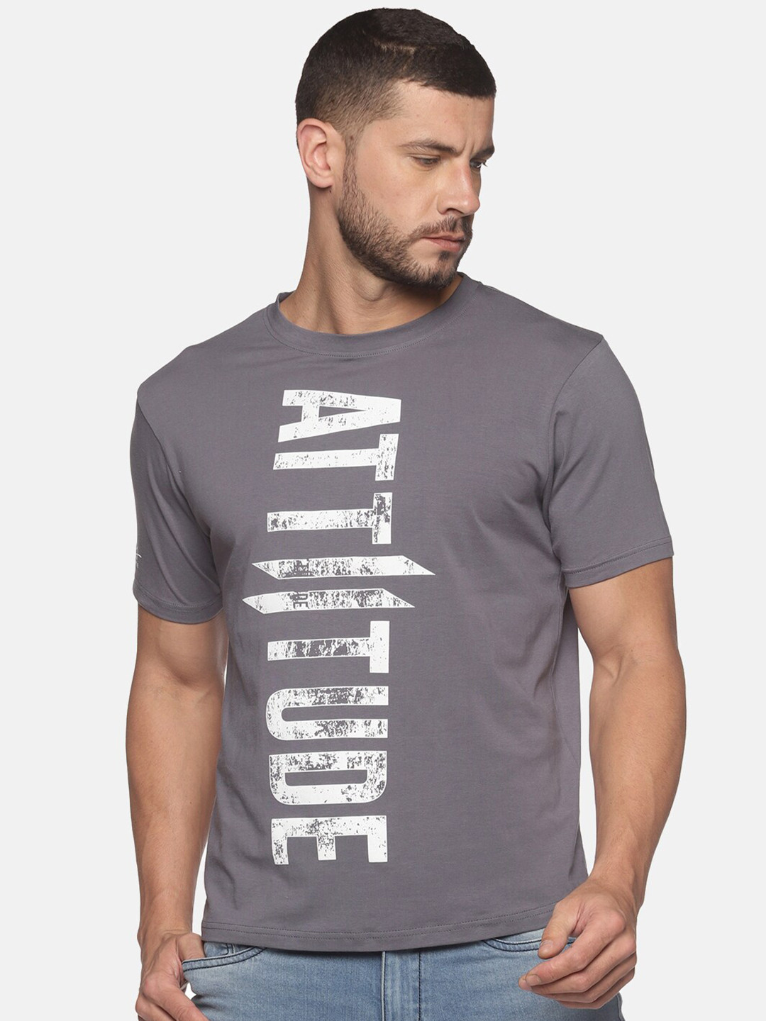 

ATTIITUDE Men Grey & White Printed ClimaCool Round Neck Slim Fit T-shirt