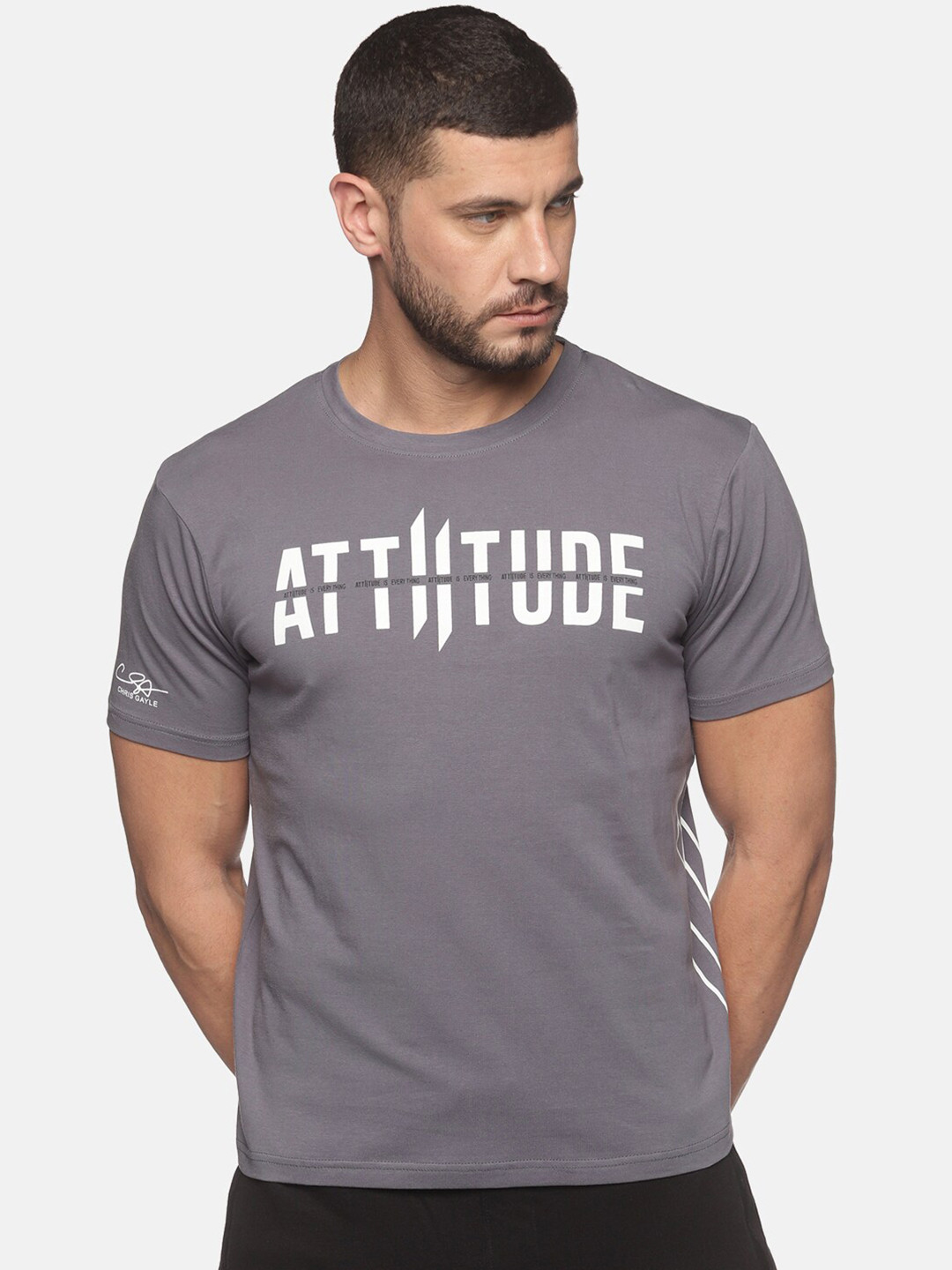 

ATTIITUDE Men Grey Typography Printed ClimaCool Slim Fit T-shirt