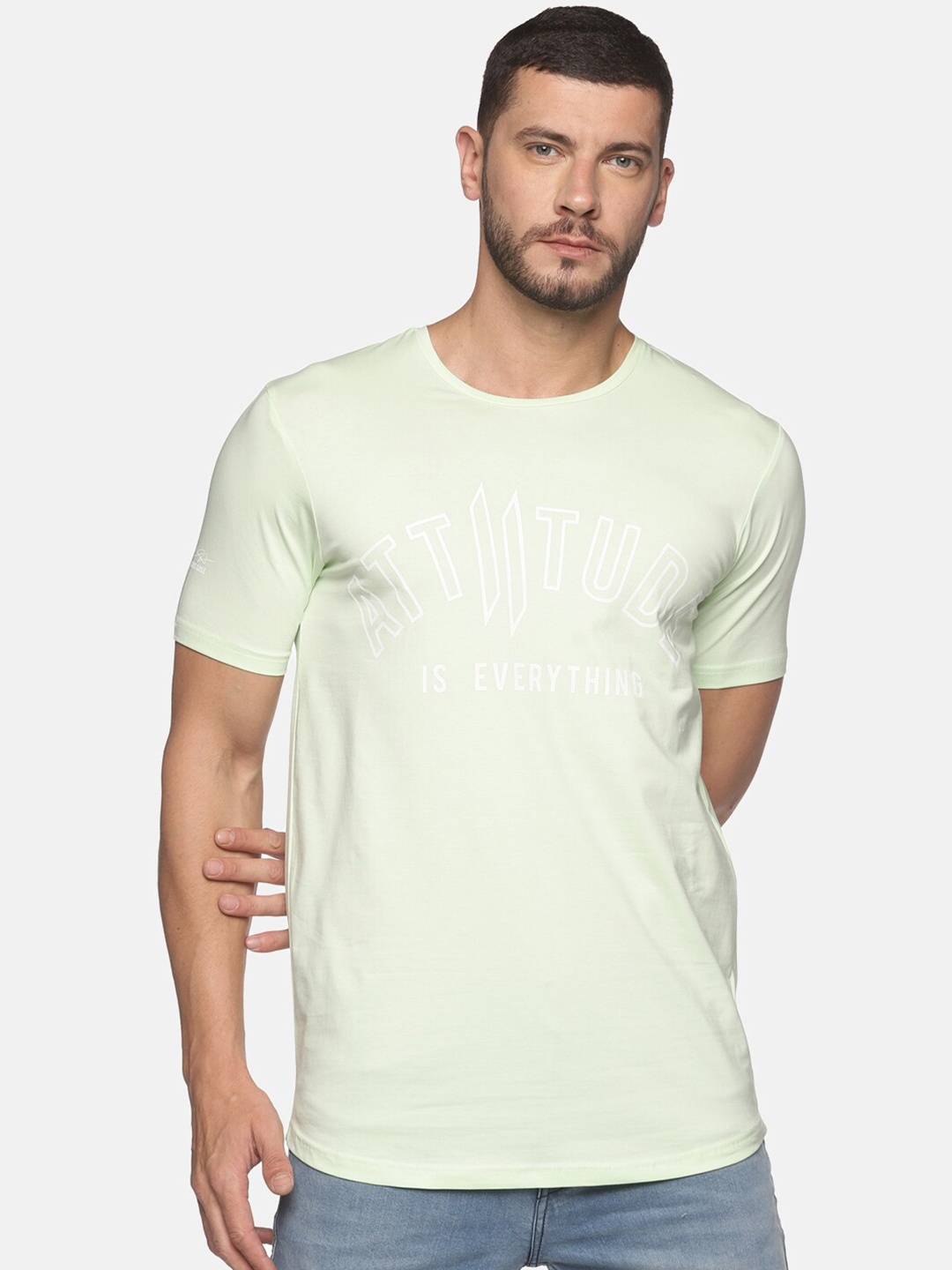 

ATTIITUDE Men Green Typography Printed Pure Cotton ClimaCool Slim Fit T-shirt