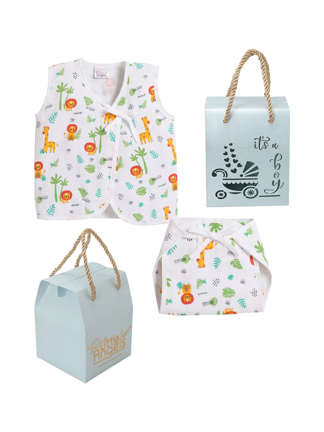 

Little Angels Boys 2 Pieces White & Orange Printed Cotton Apparel Gift Set