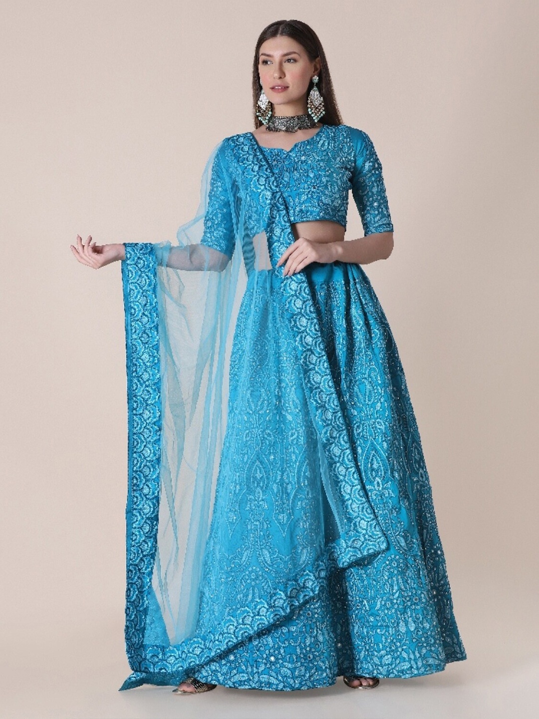 

Atsevam Turquoise Blue Embroidered Semi-Stitched Lehenga & Unstitched Blouse With Dupatta