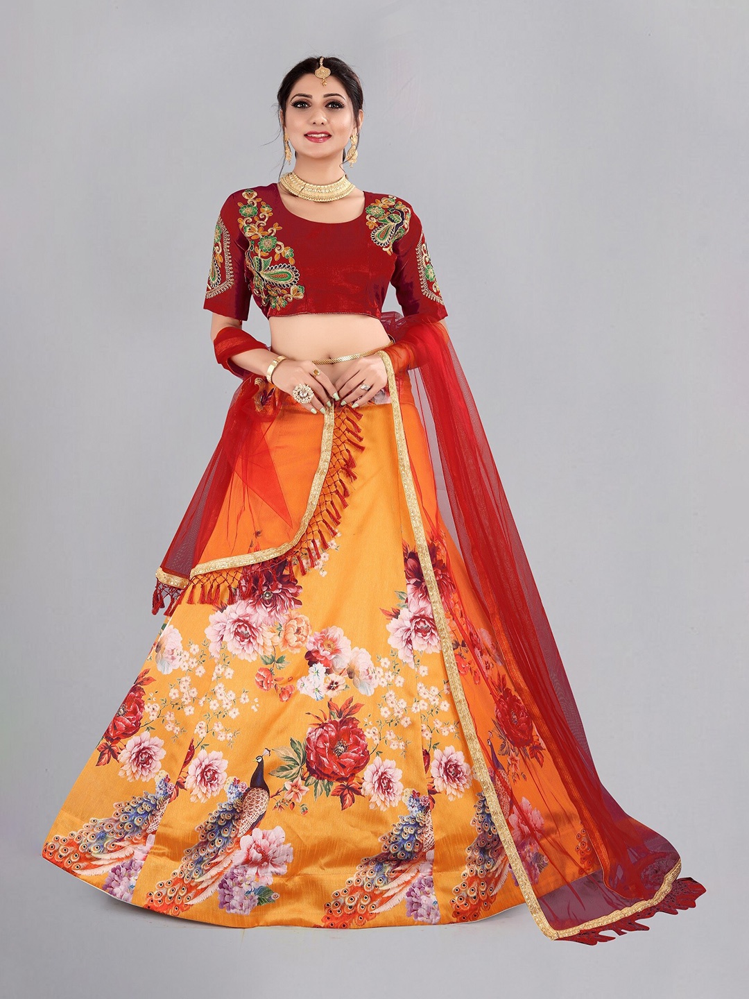 

Atsevam Orange & Red Printed Tie and Dye Semi-Stitched Lehenga & Unstitched Blouse With Dupatta