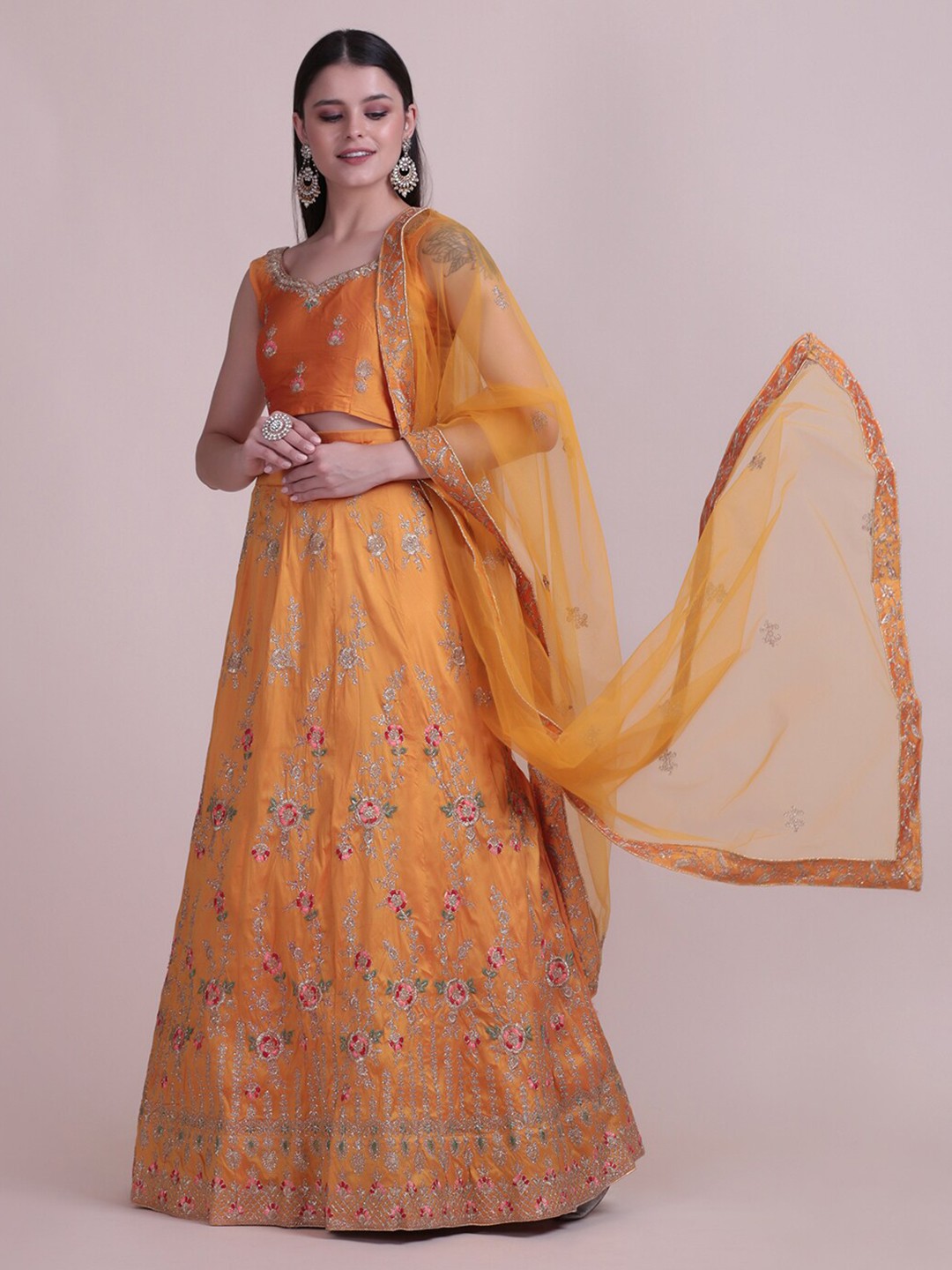 

Atsevam Orange & Silver-Toned Embroidered Thread Work Semi-Stitched Lehenga & Unstitched Blouse With Dupatta