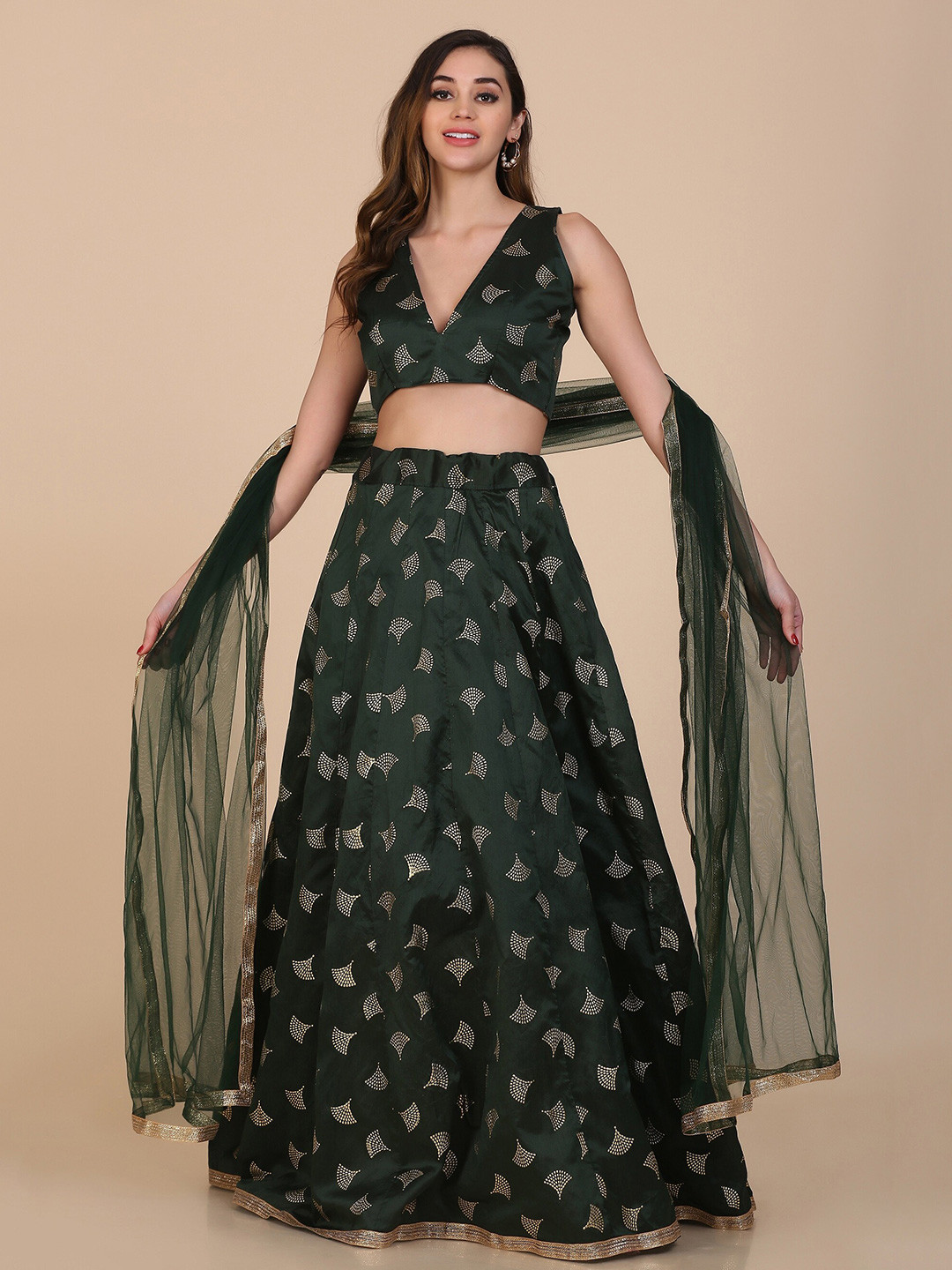 

Atsevam Green & Gold-Toned Printed Foil Print Semi-Stitched Lehenga & Unstitched Blouse With Dupatta